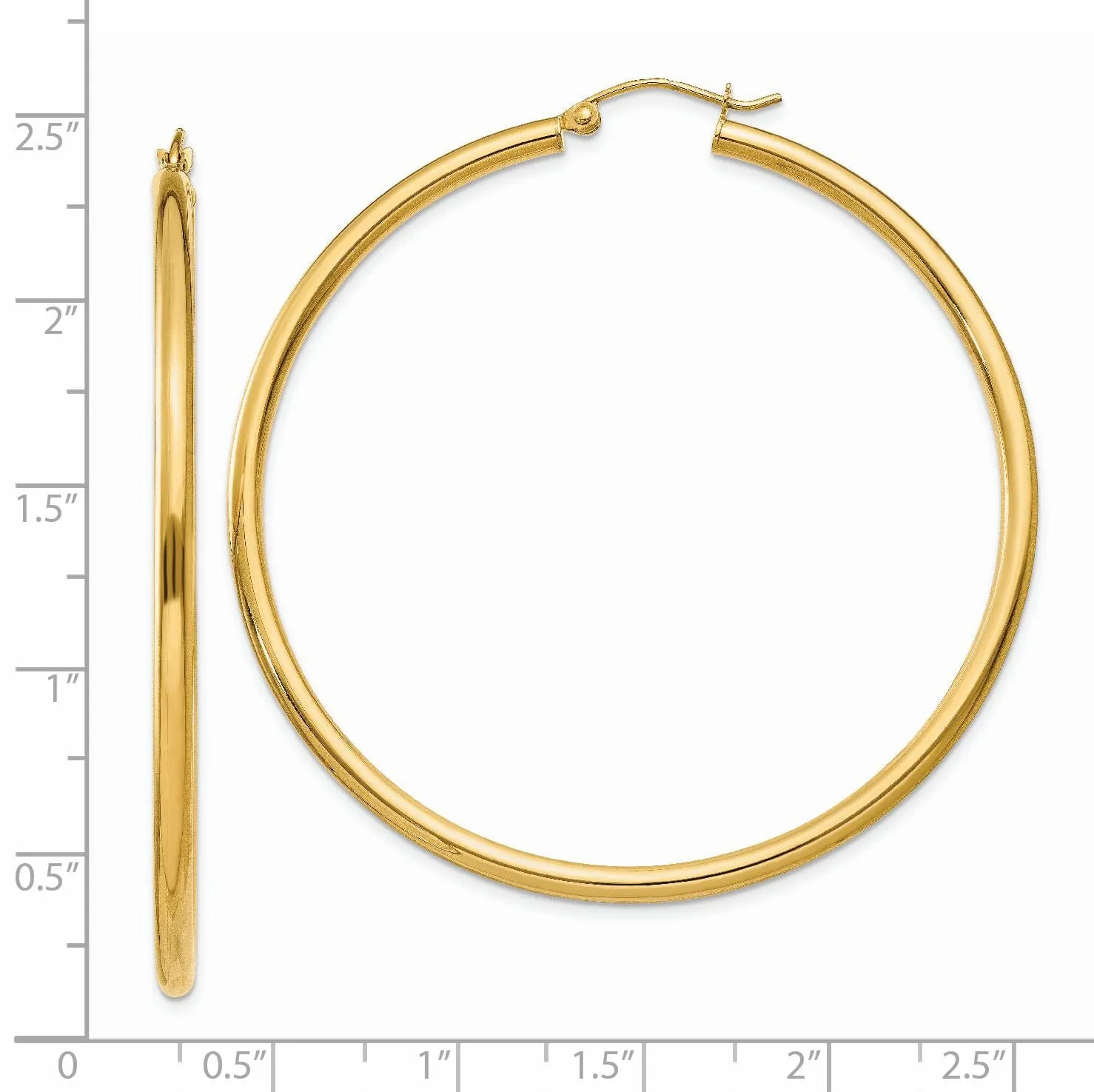 14k Yellow Gold Polished 2.5MM Round Hoop Earrings