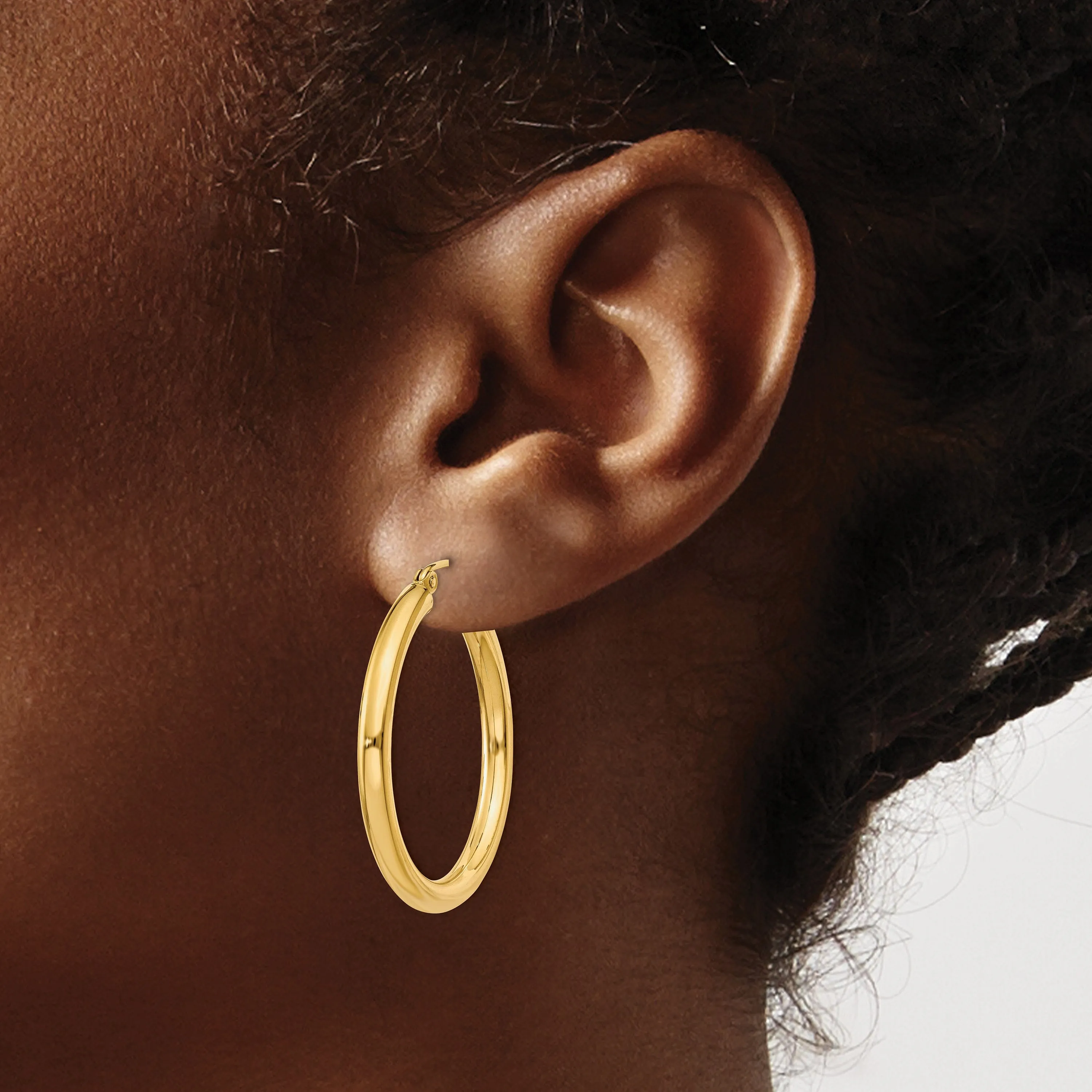 14k Yellow Gold Polished 3MM Round Hoop Earrings