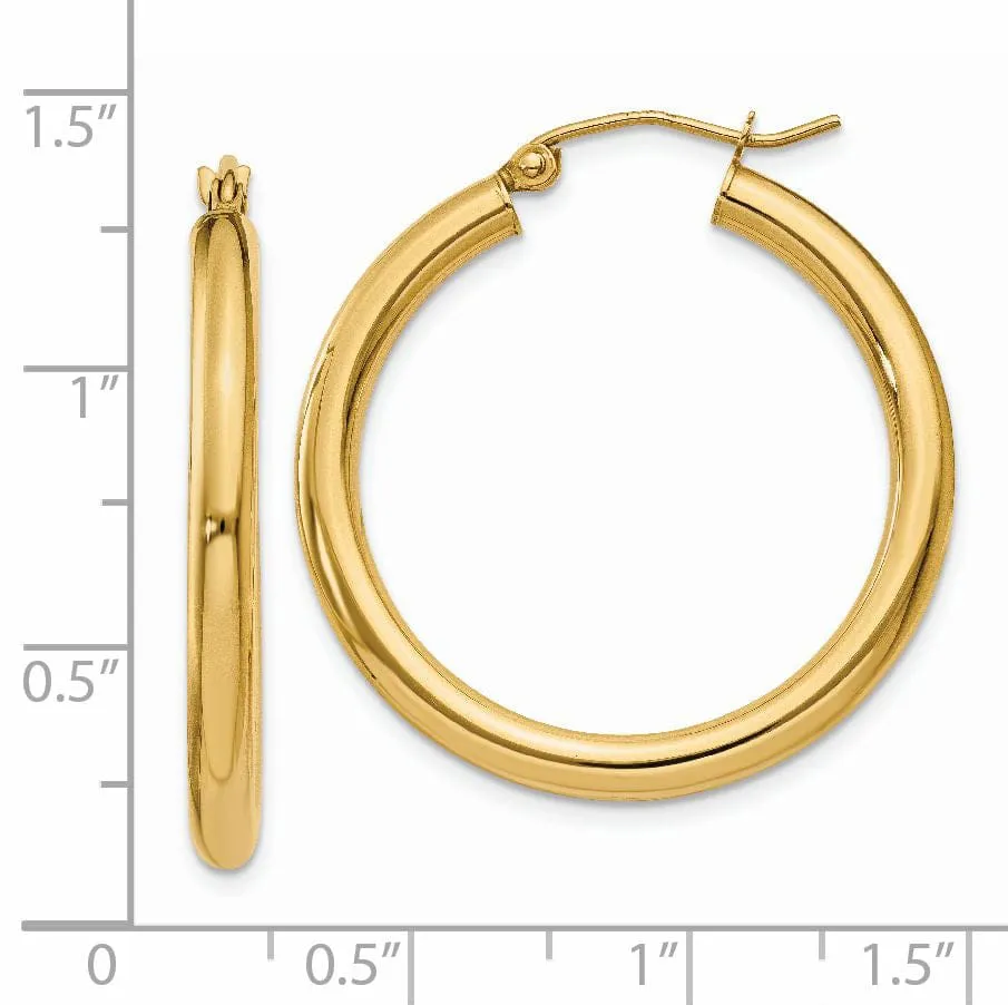 14k Yellow Gold Polished 3MM Round Hoop Earrings