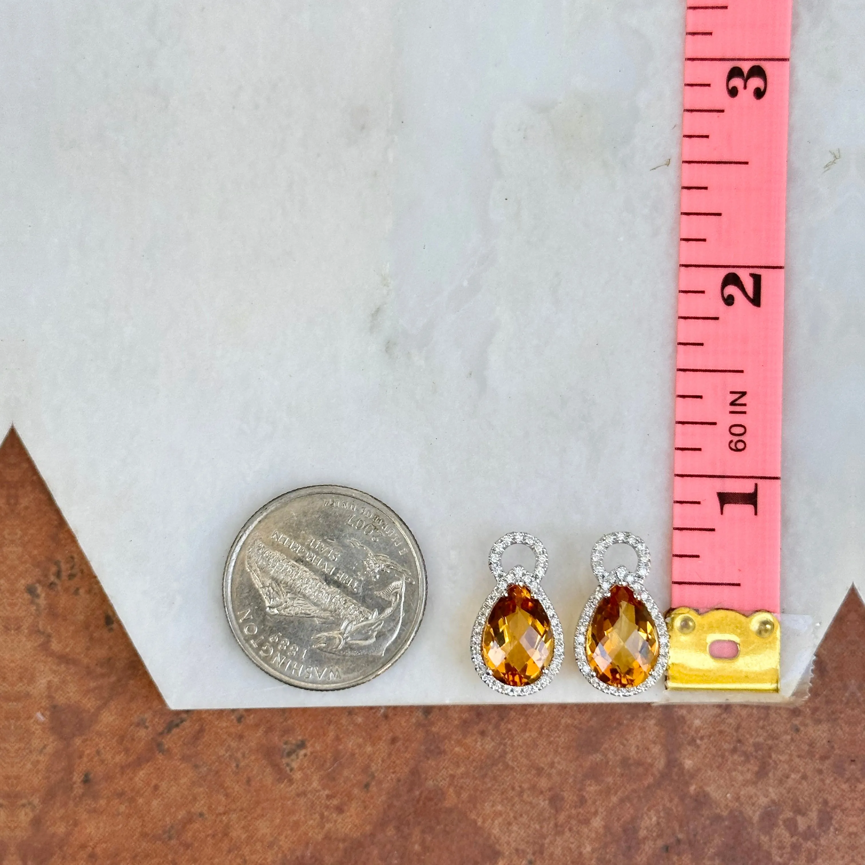 14KT White Gold Pave Diamond Hoop Earrings   Pear Citrine Hoop Charms