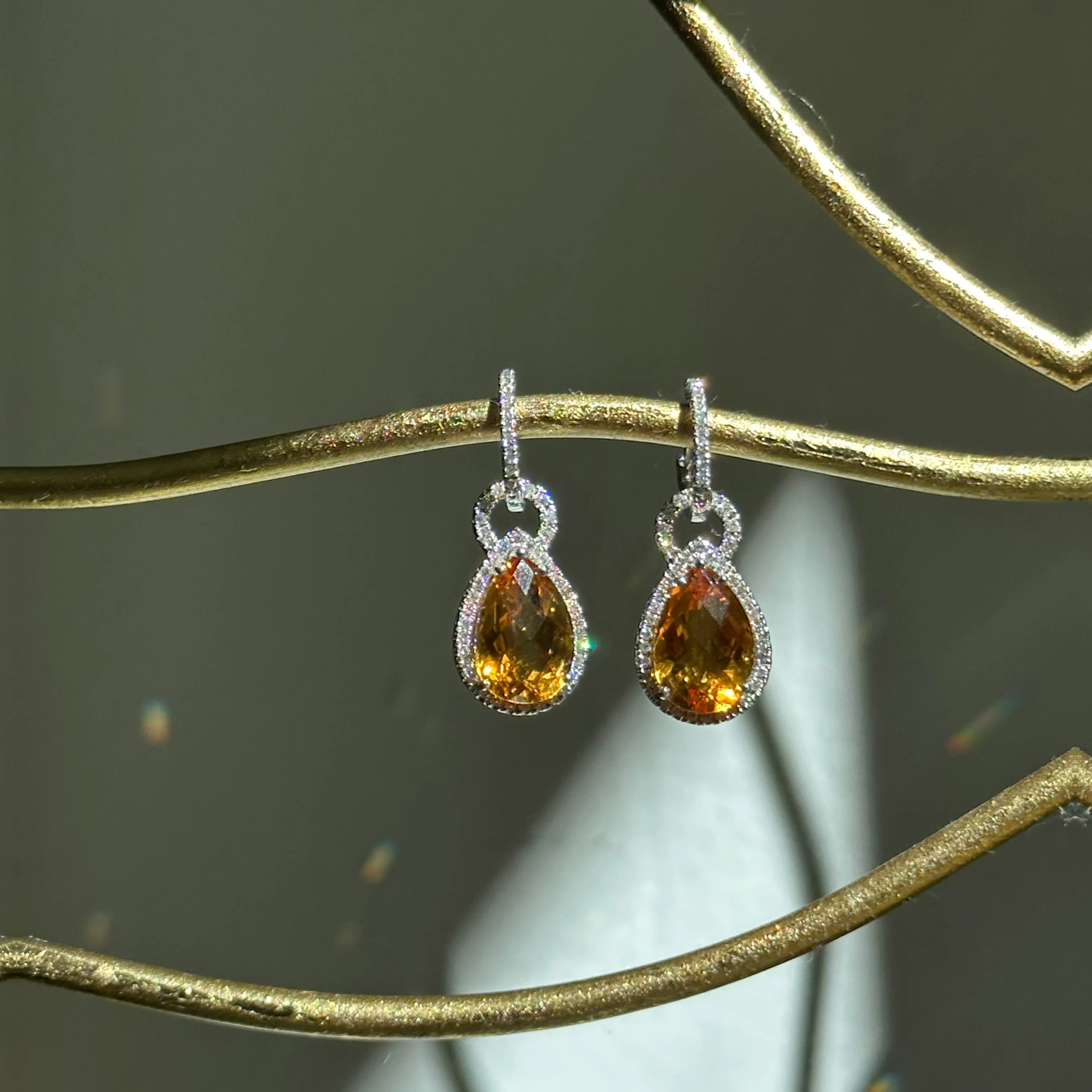 14KT White Gold Pave Diamond Hoop Earrings   Pear Citrine Hoop Charms