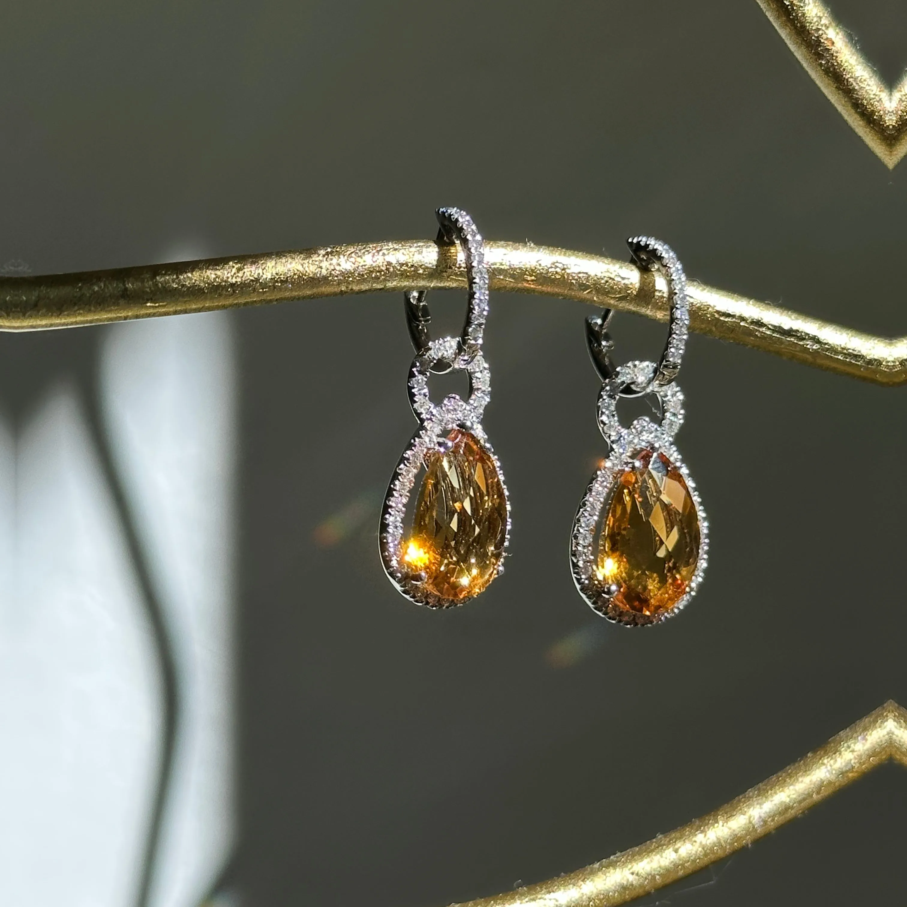 14KT White Gold Pave Diamond Hoop Earrings   Pear Citrine Hoop Charms