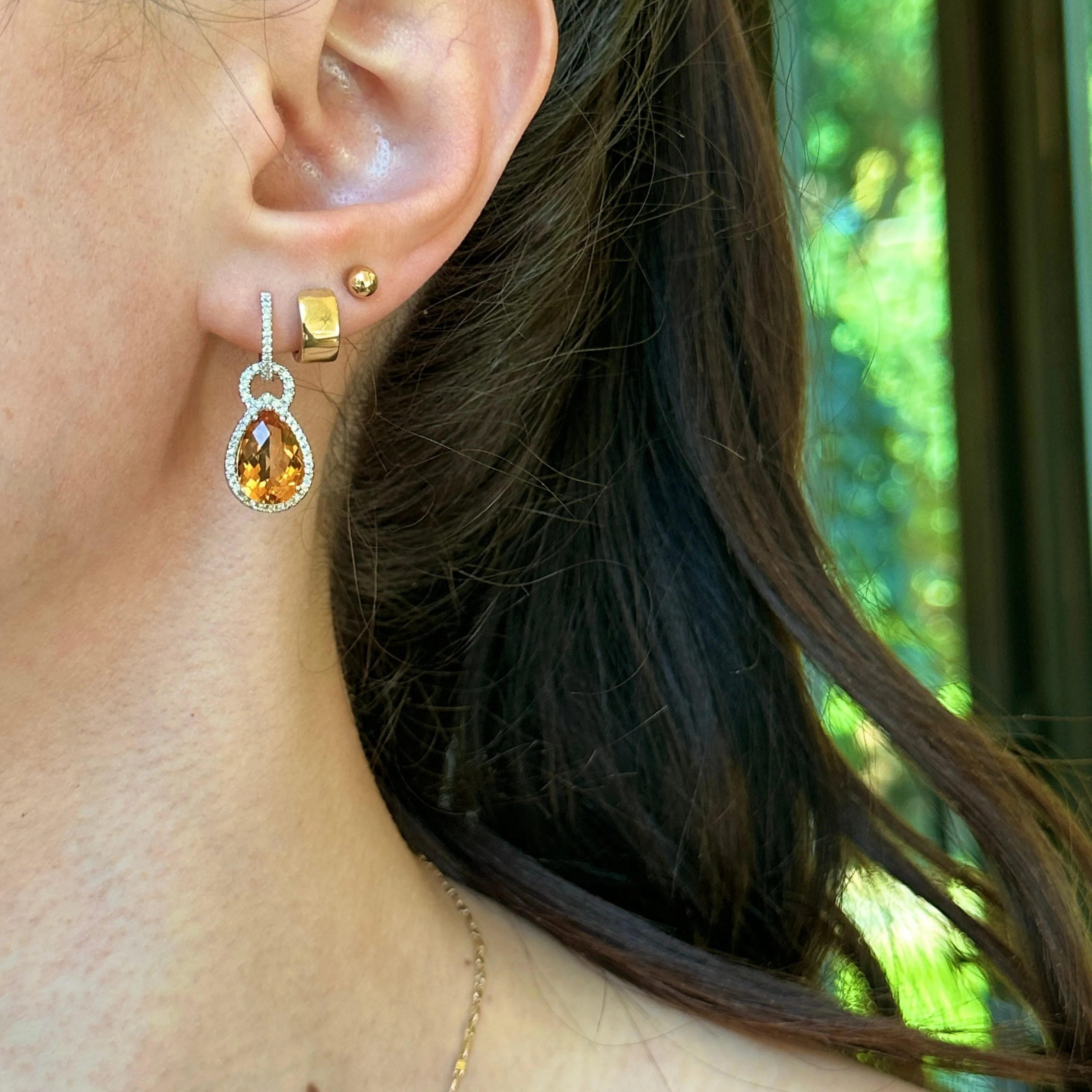 14KT White Gold Pave Diamond Hoop Earrings   Pear Citrine Hoop Charms