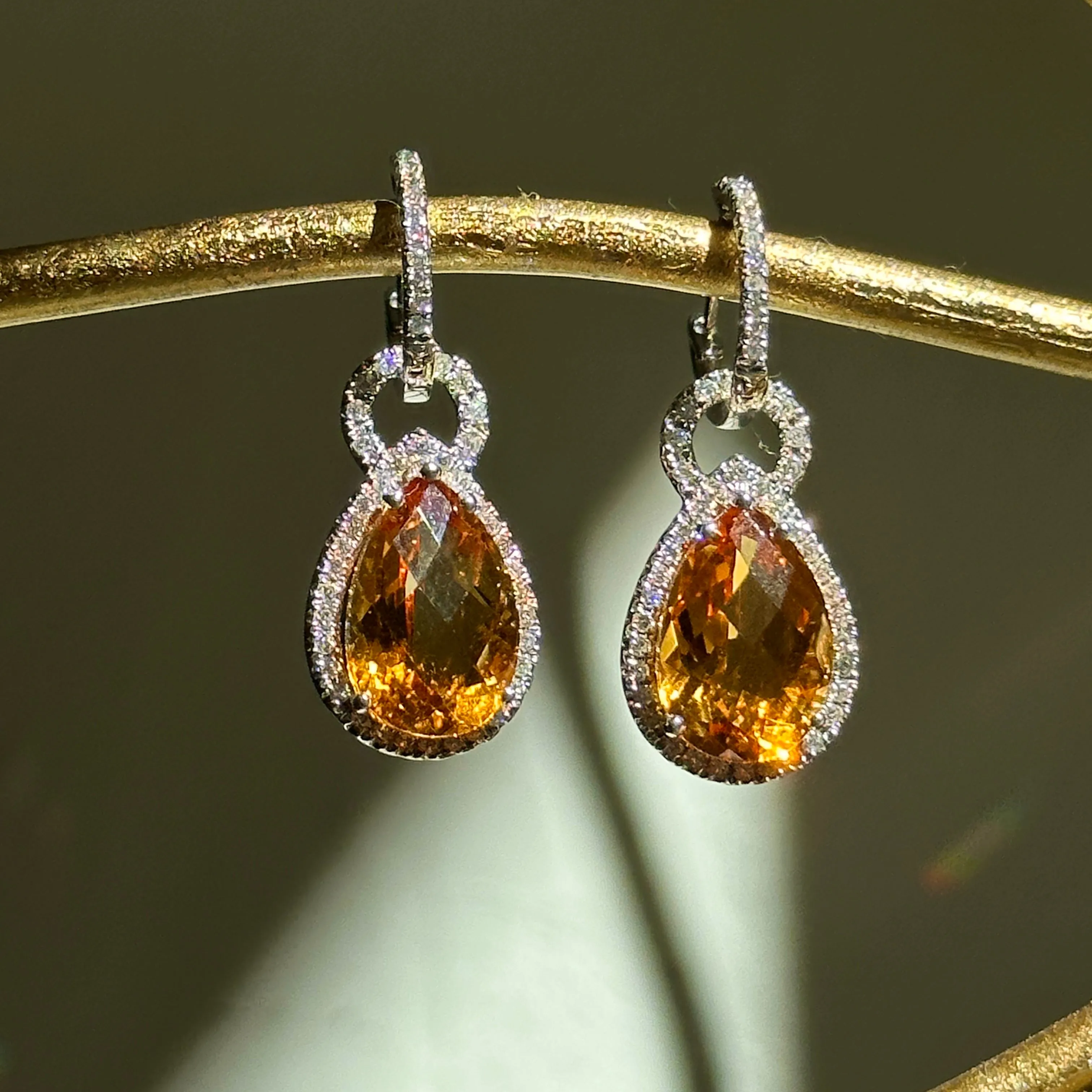 14KT White Gold Pave Diamond Hoop Earrings   Pear Citrine Hoop Charms