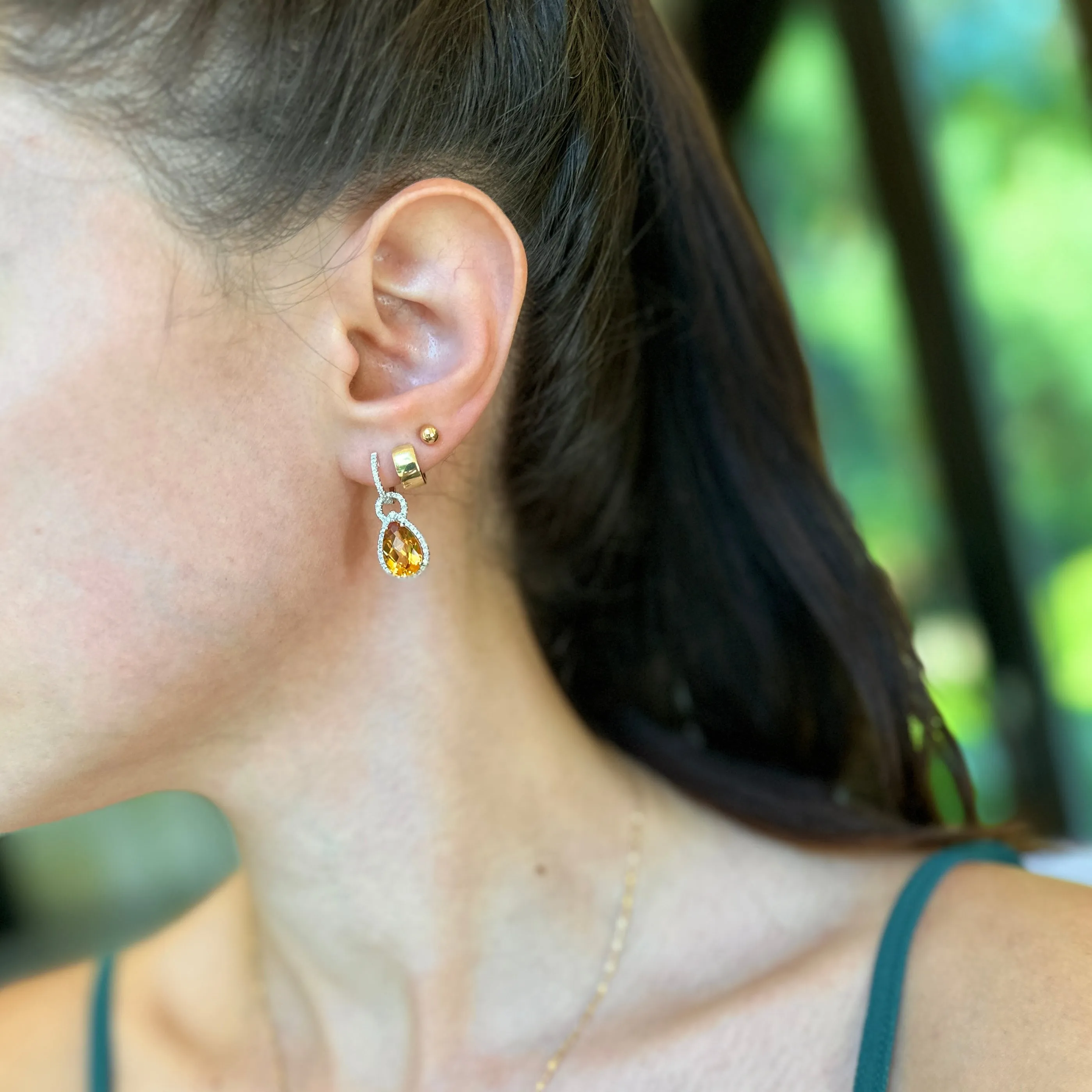 14KT White Gold Pave Diamond Hoop Earrings   Pear Citrine Hoop Charms