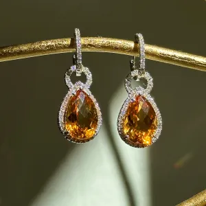 14KT White Gold Pave Diamond Hoop Earrings   Pear Citrine Hoop Charms