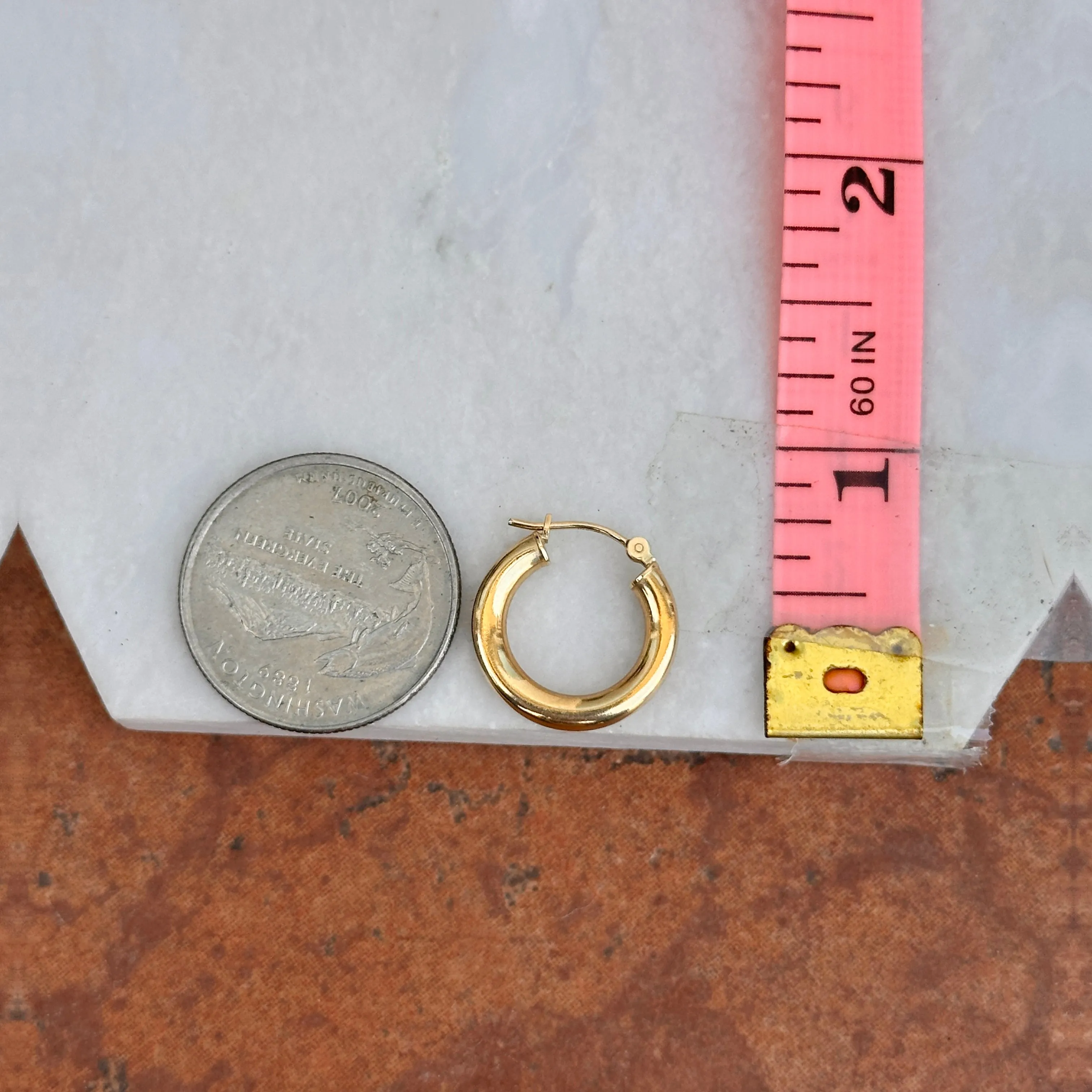14KT Yellow Gold 3mm Tube Round Hoop Earrings 15mm