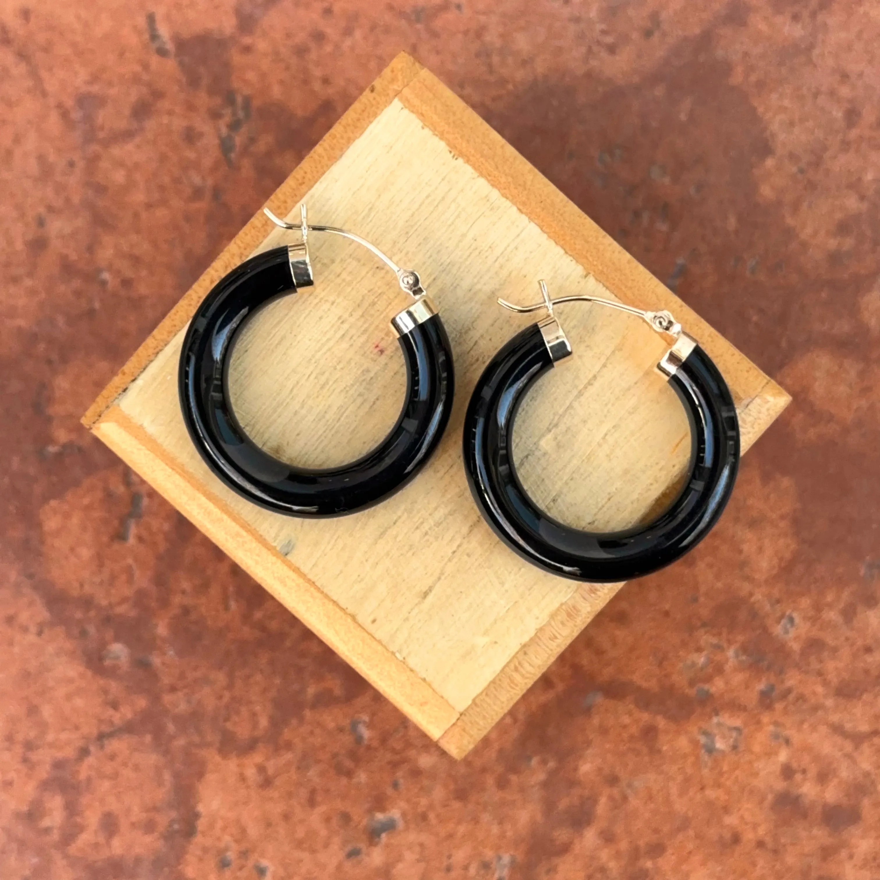 14KT Yellow Gold Black Onyx Tube Hoop Earrings 24mm
