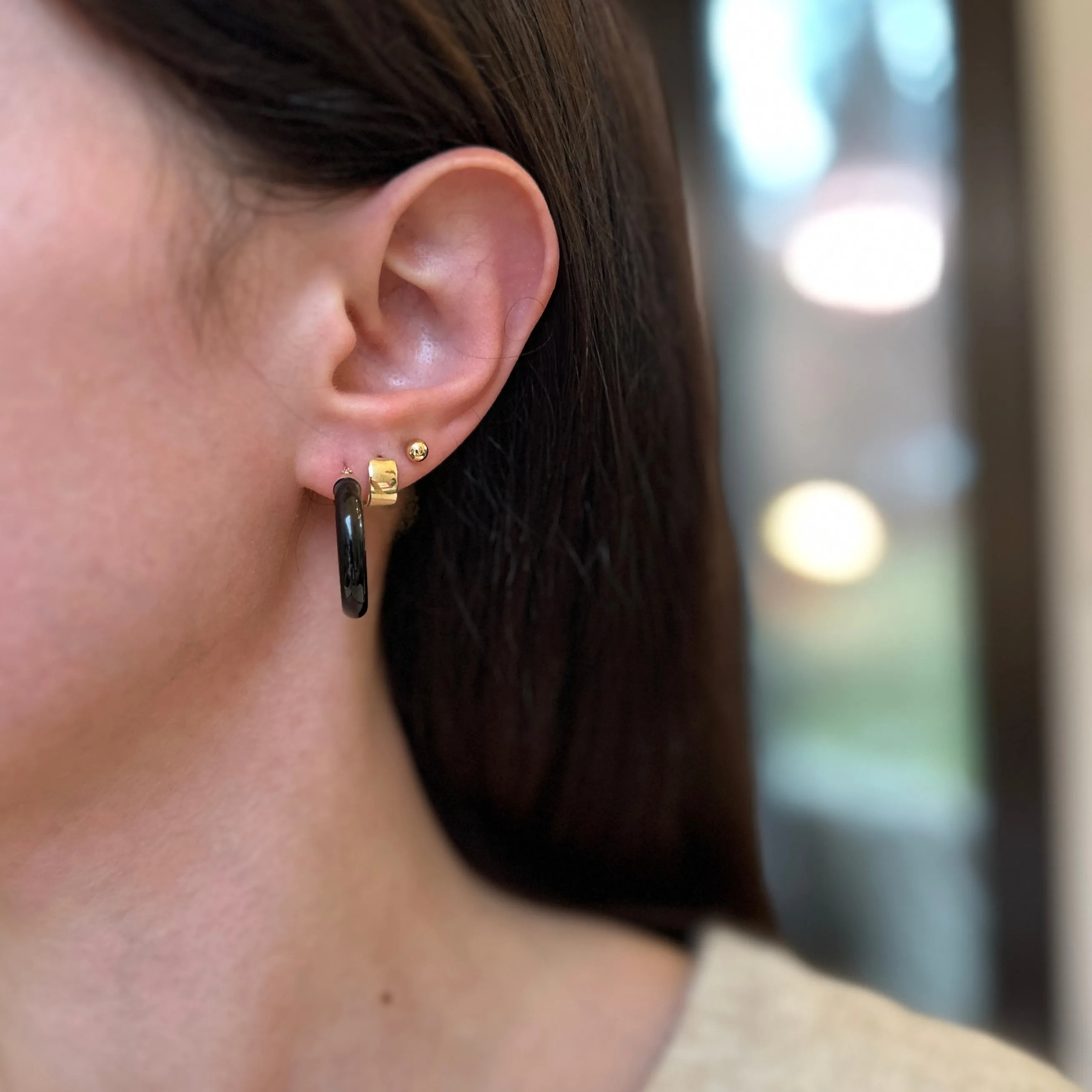 14KT Yellow Gold Black Onyx Tube Hoop Earrings 24mm