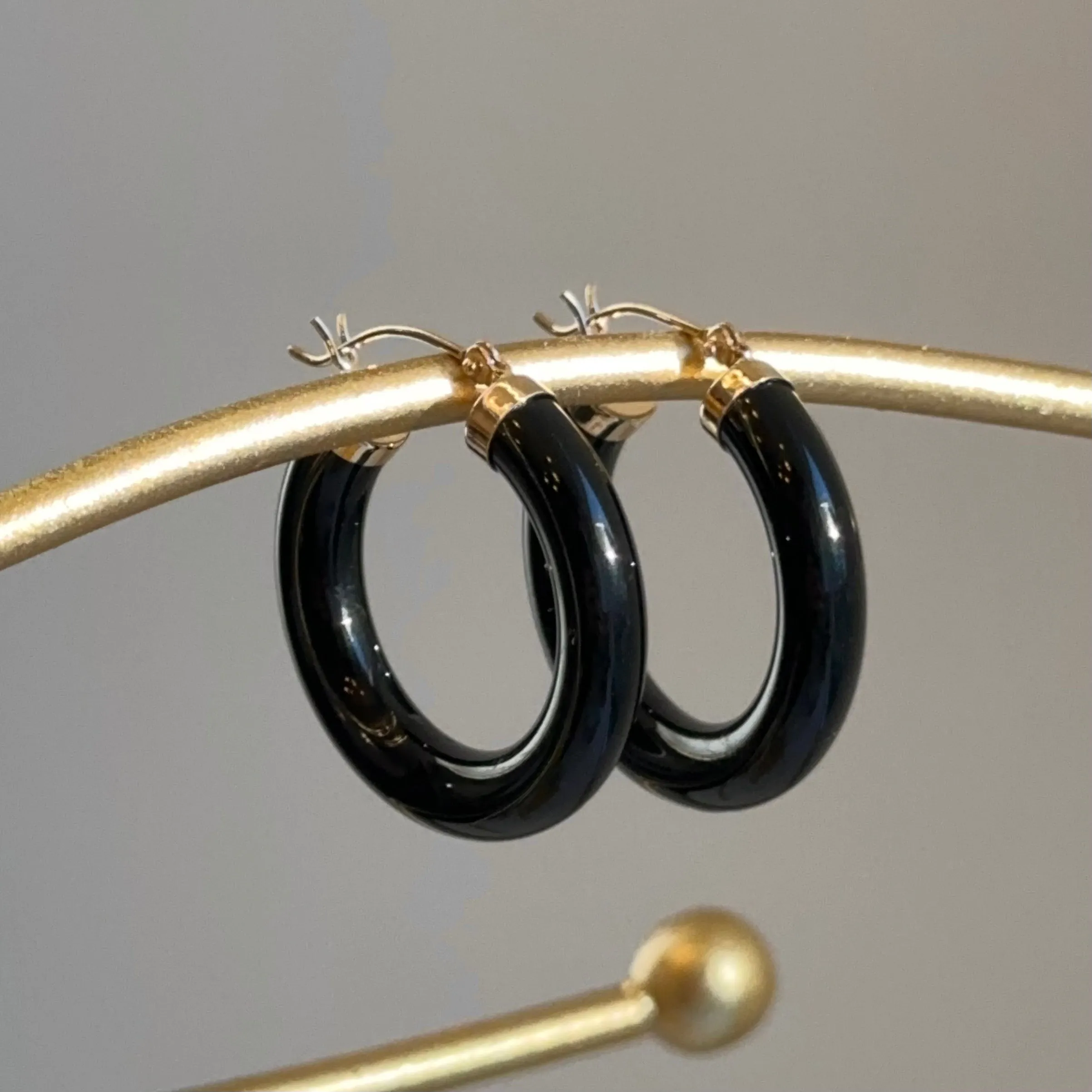 14KT Yellow Gold Black Onyx Tube Hoop Earrings 24mm