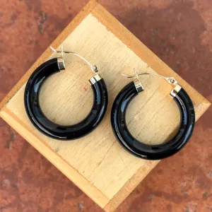 14KT Yellow Gold Black Onyx Tube Hoop Earrings 24mm