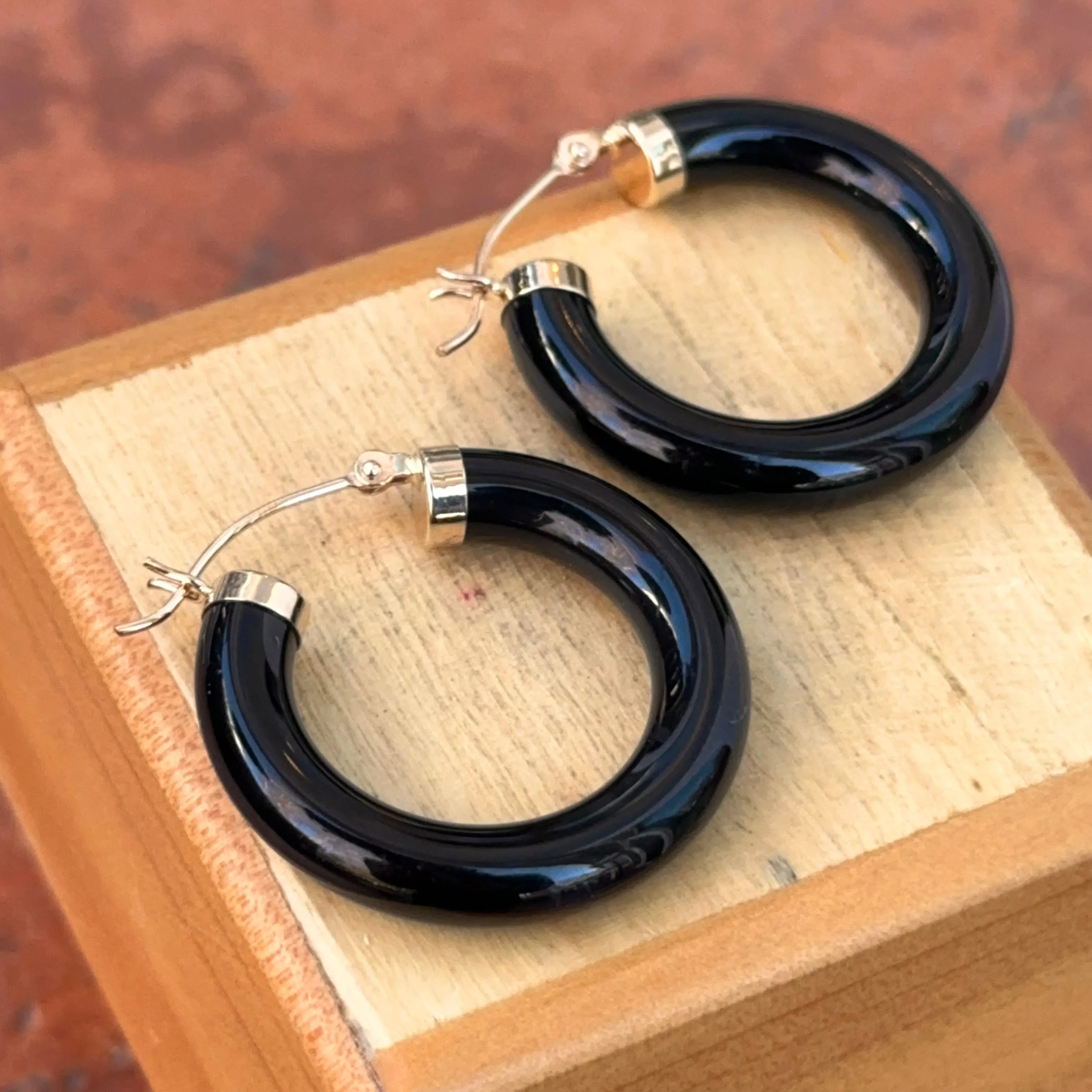 14KT Yellow Gold Black Onyx Tube Hoop Earrings 24mm