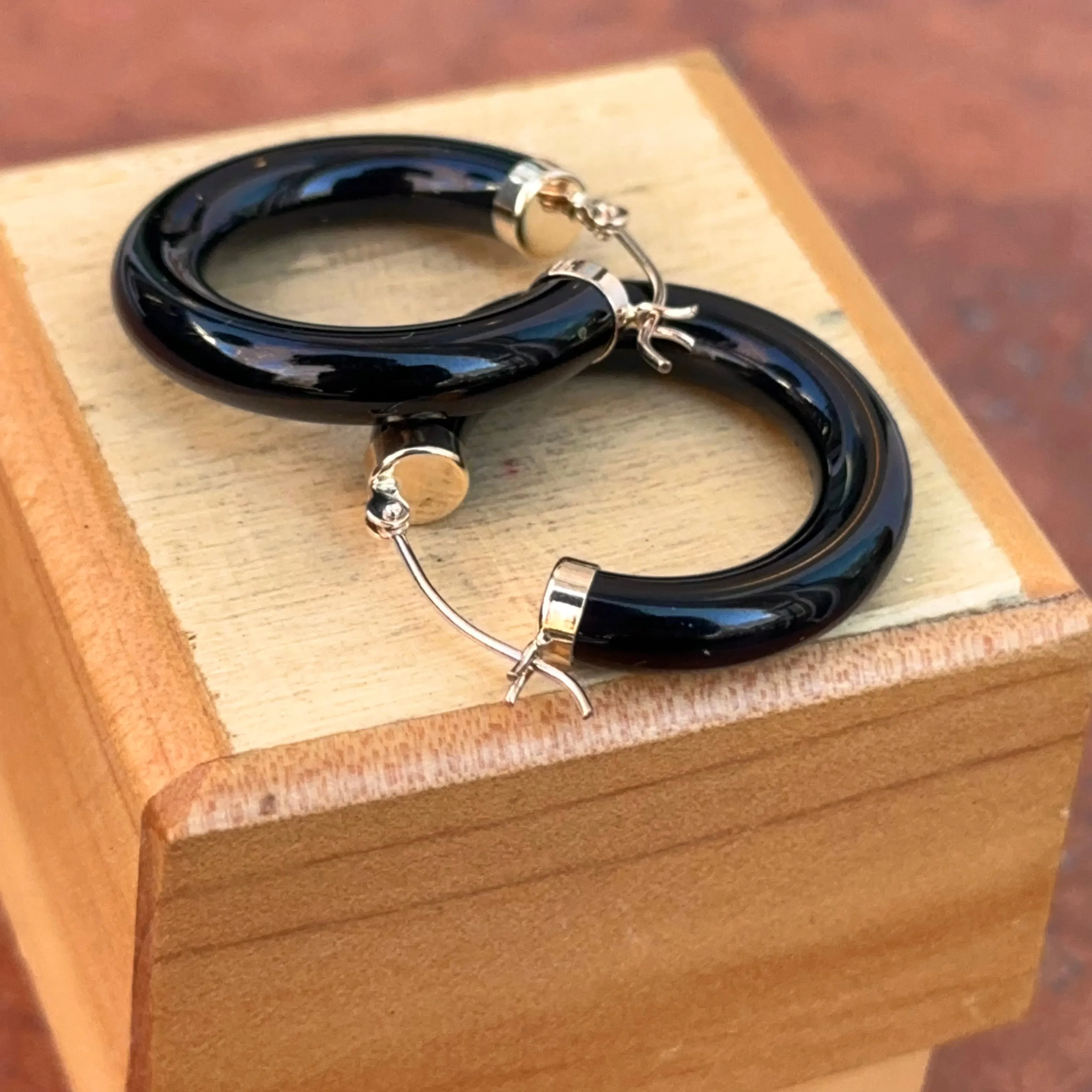 14KT Yellow Gold Black Onyx Tube Hoop Earrings 24mm