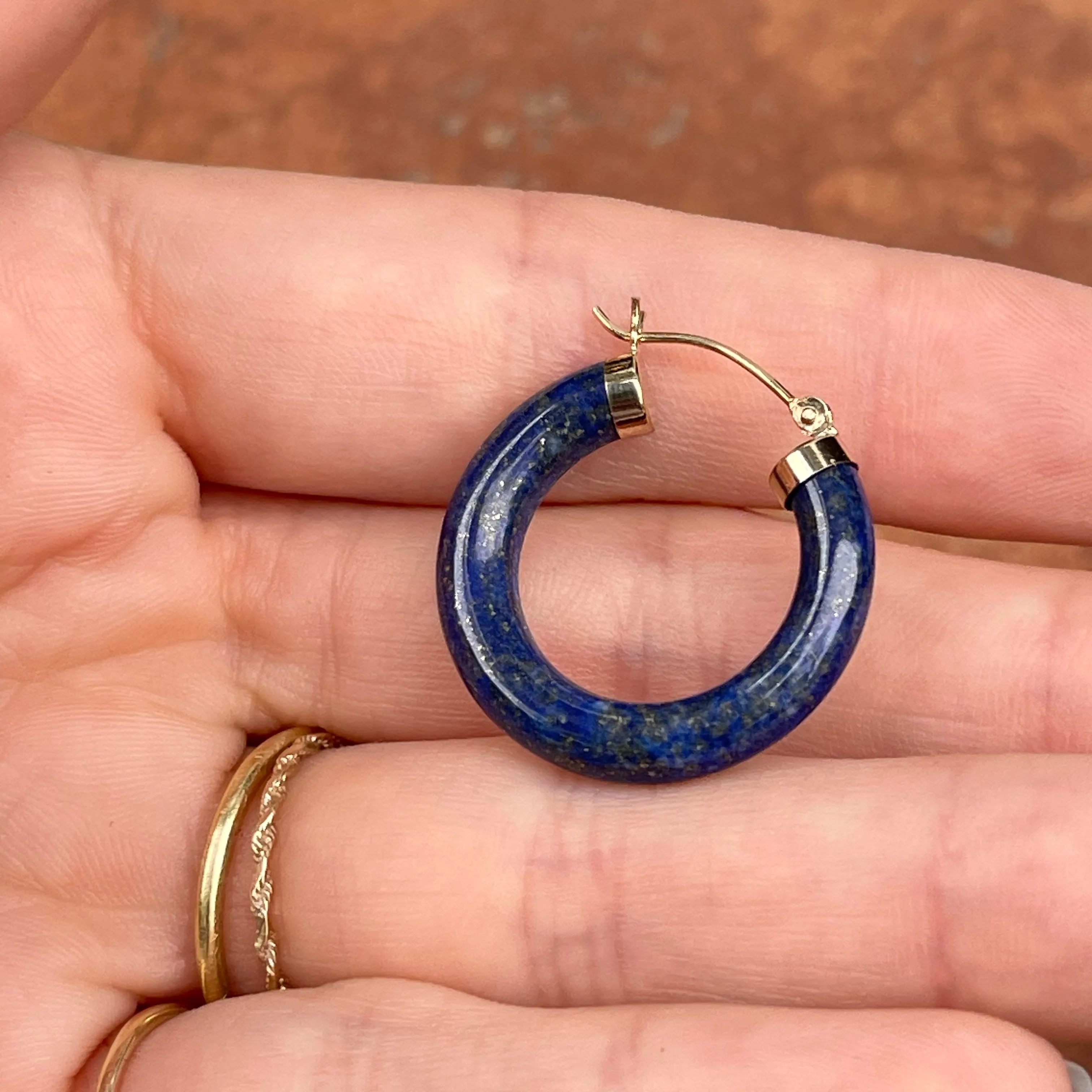 14KT Yellow Gold Blue Lapis Tube Hoop Earrings 24mm