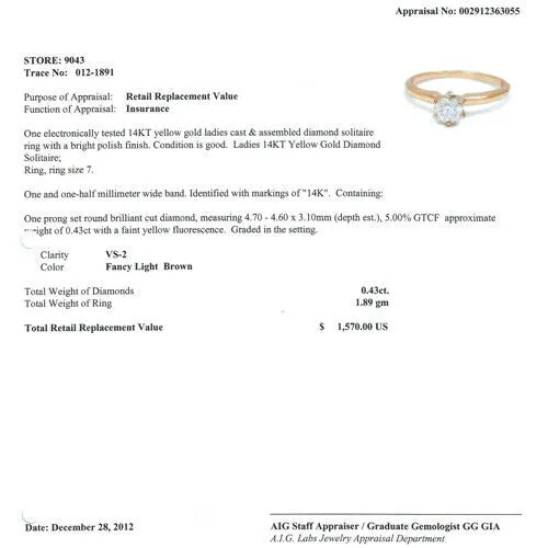 14KT Yellow Gold VS2 Diamond 0.43ct Solitaire Engagement Ring