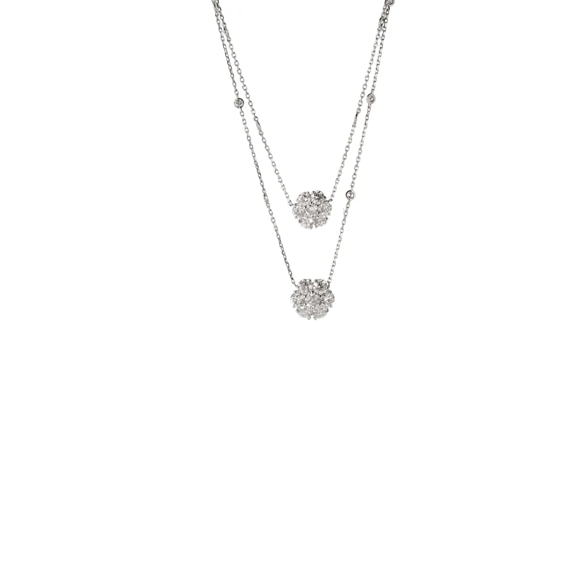 18k White Gold Diamond Cluster Necklace with Diamonds by the Inch Chain