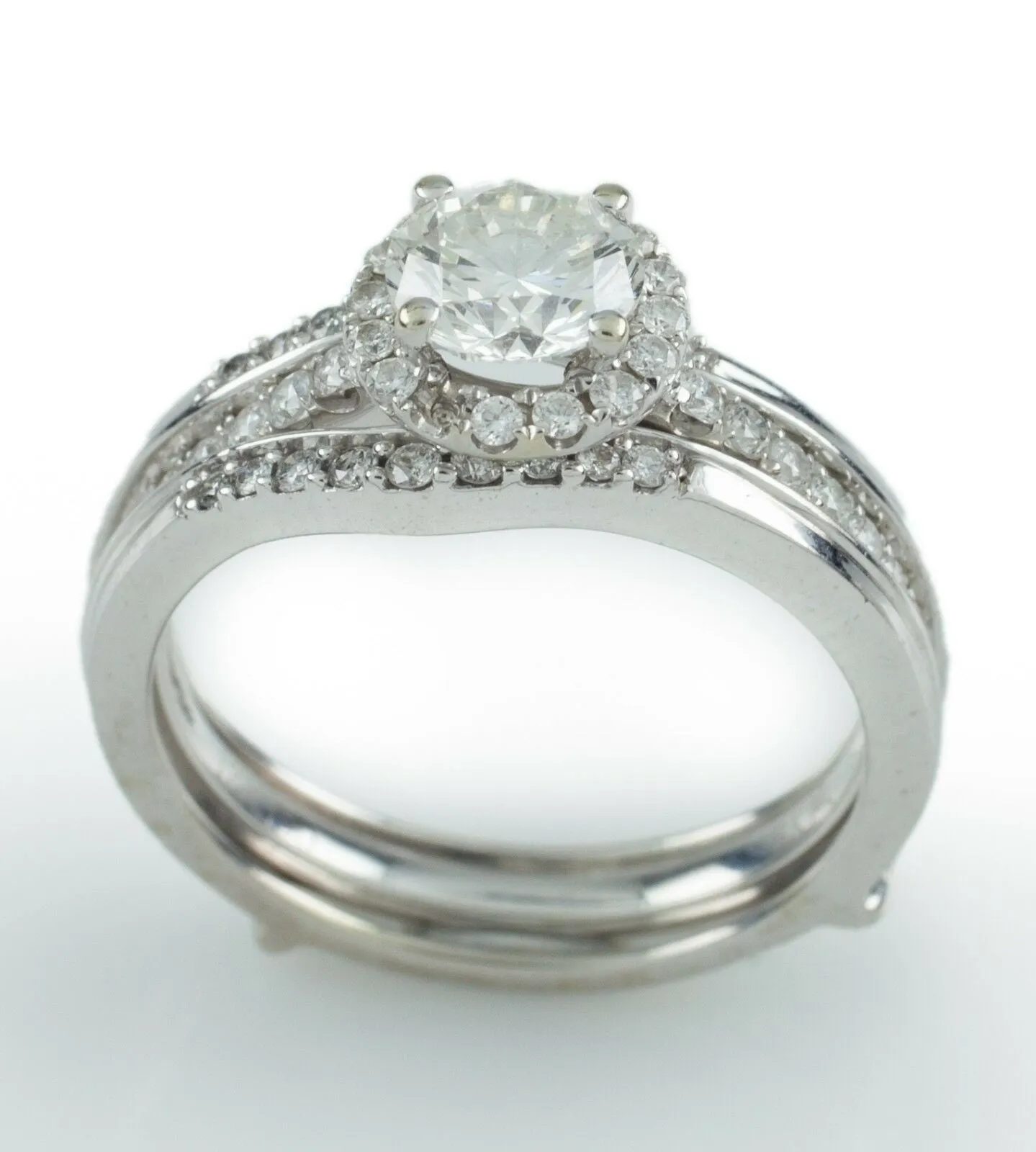 18k White Gold Diamond Engagement Ring w/ Wedding Enhancer Guard .75 ct Center