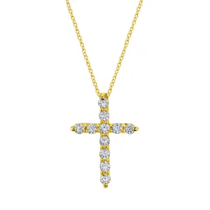18K Yellow Gold 0.23 ct Round Diamond Cross Pendant Necklace