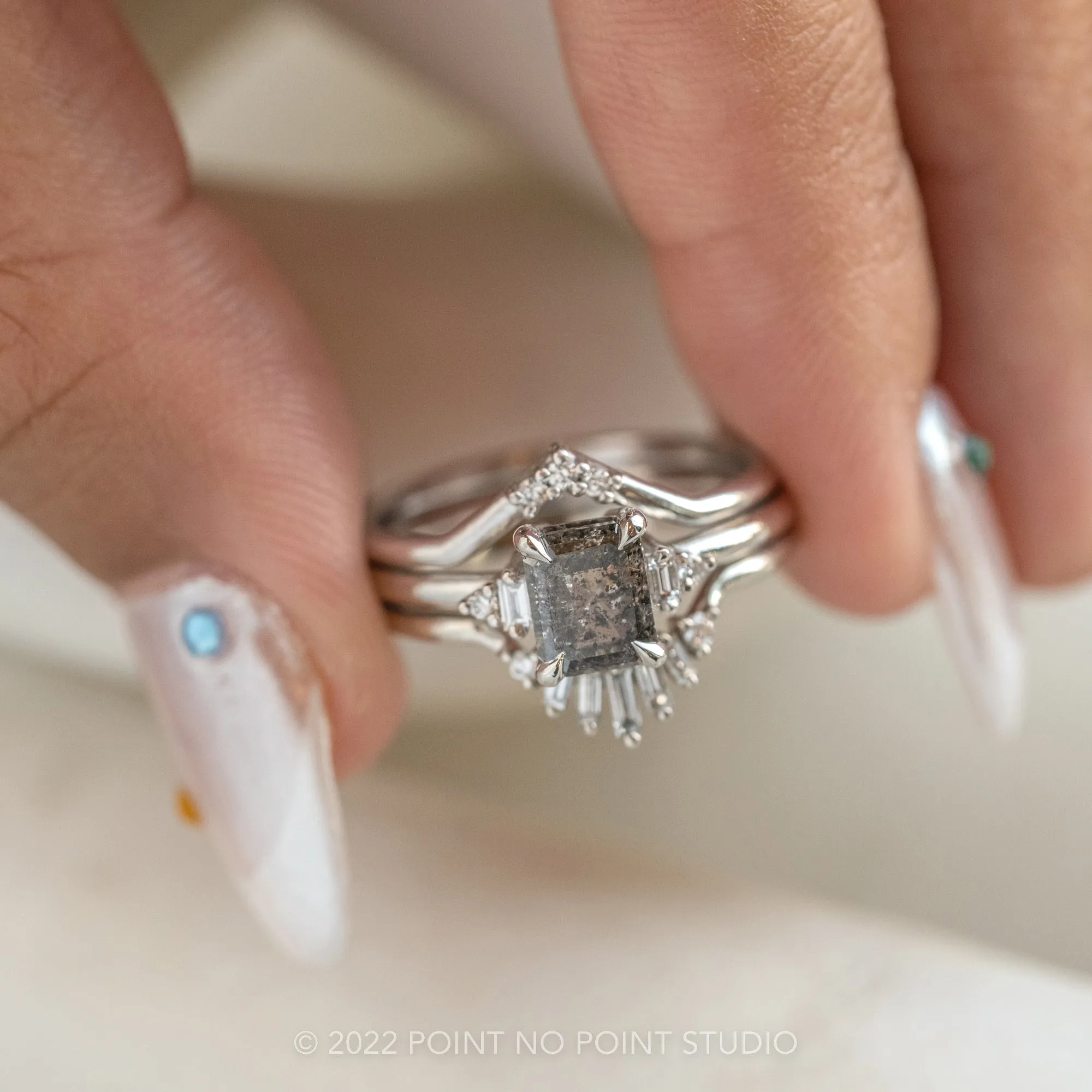 1.92 Carat Salt and Pepper Emerald Diamond Engagement Ring, Betty Setting, Platinum