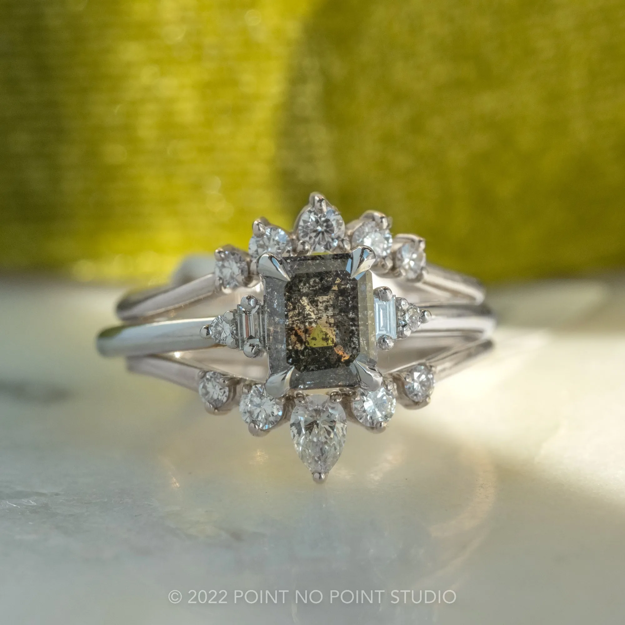 1.92 Carat Salt and Pepper Emerald Diamond Engagement Ring, Betty Setting, Platinum