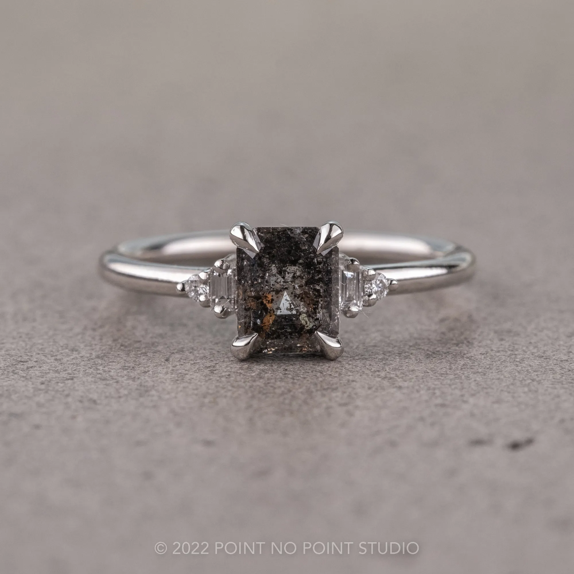 1.92 Carat Salt and Pepper Emerald Diamond Engagement Ring, Betty Setting, Platinum
