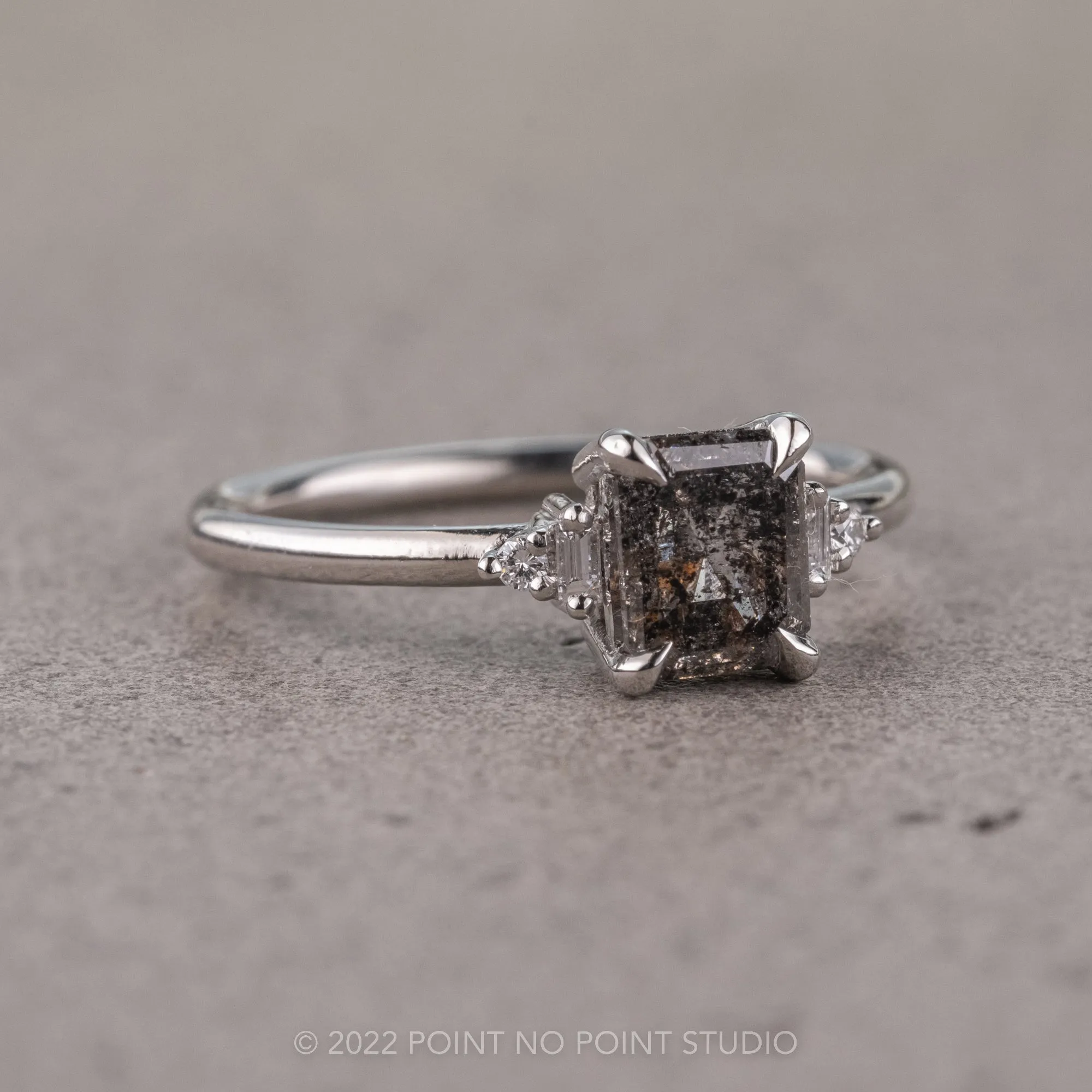 1.92 Carat Salt and Pepper Emerald Diamond Engagement Ring, Betty Setting, Platinum