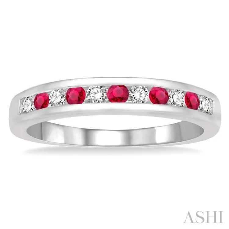 2 MM Ruby and 1/5 ctw Round Cut Diamond Precious Wedding Band in 14K White Gold