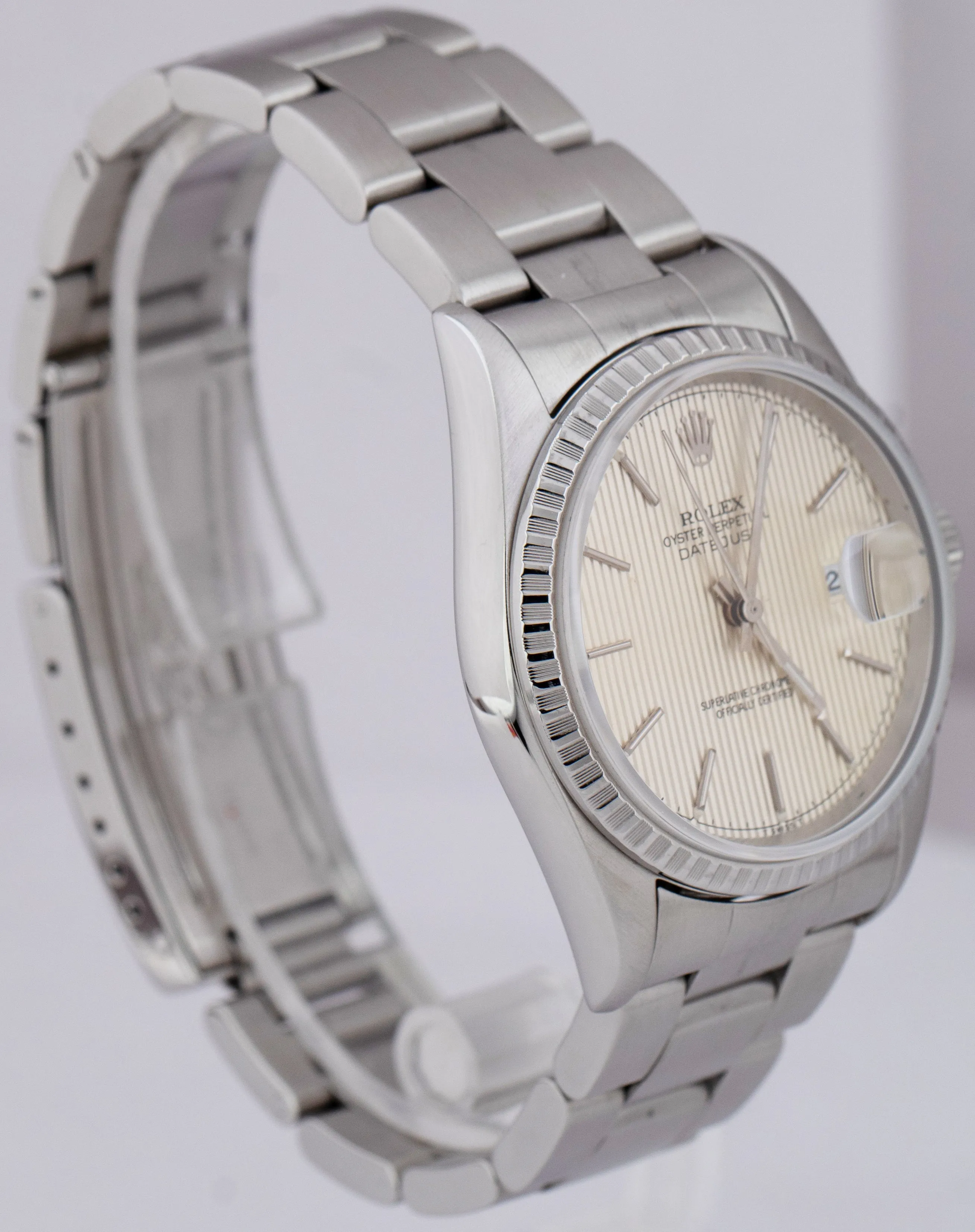 2001 Rolex DateJust 36mm NO-HOLES Silver TAPESTRY Stainless Watch 16220 B P