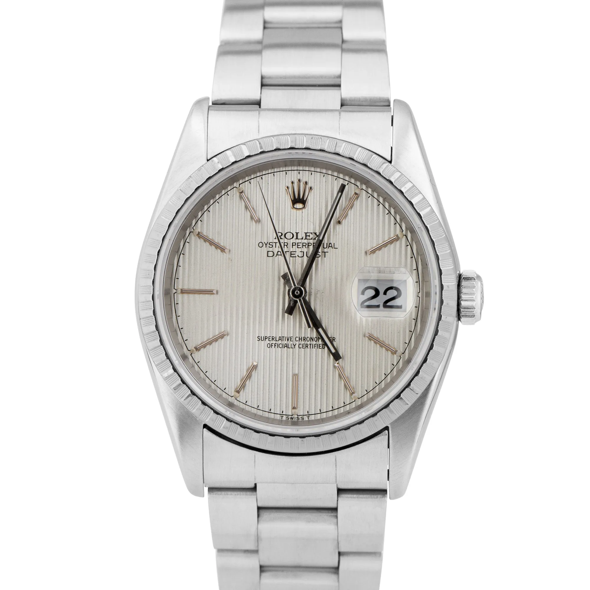 2001 Rolex DateJust 36mm NO-HOLES Silver TAPESTRY Stainless Watch 16220 B P