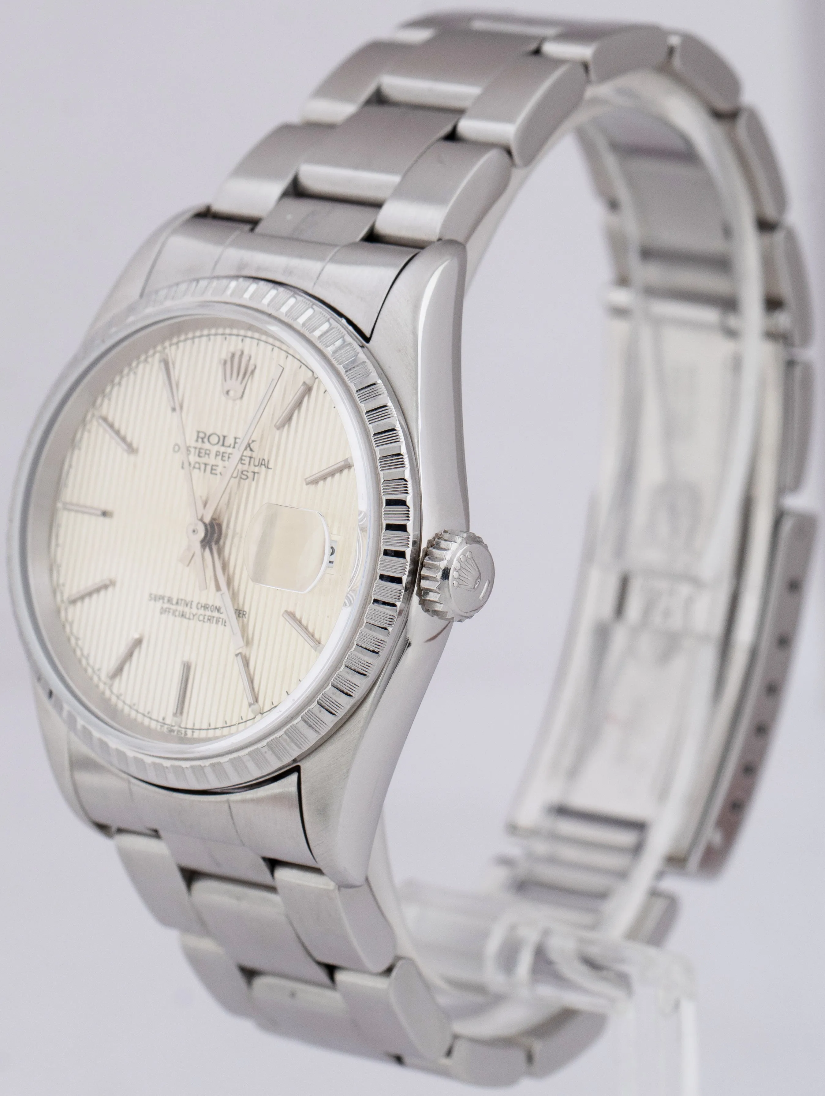 2001 Rolex DateJust 36mm NO-HOLES Silver TAPESTRY Stainless Watch 16220 B P