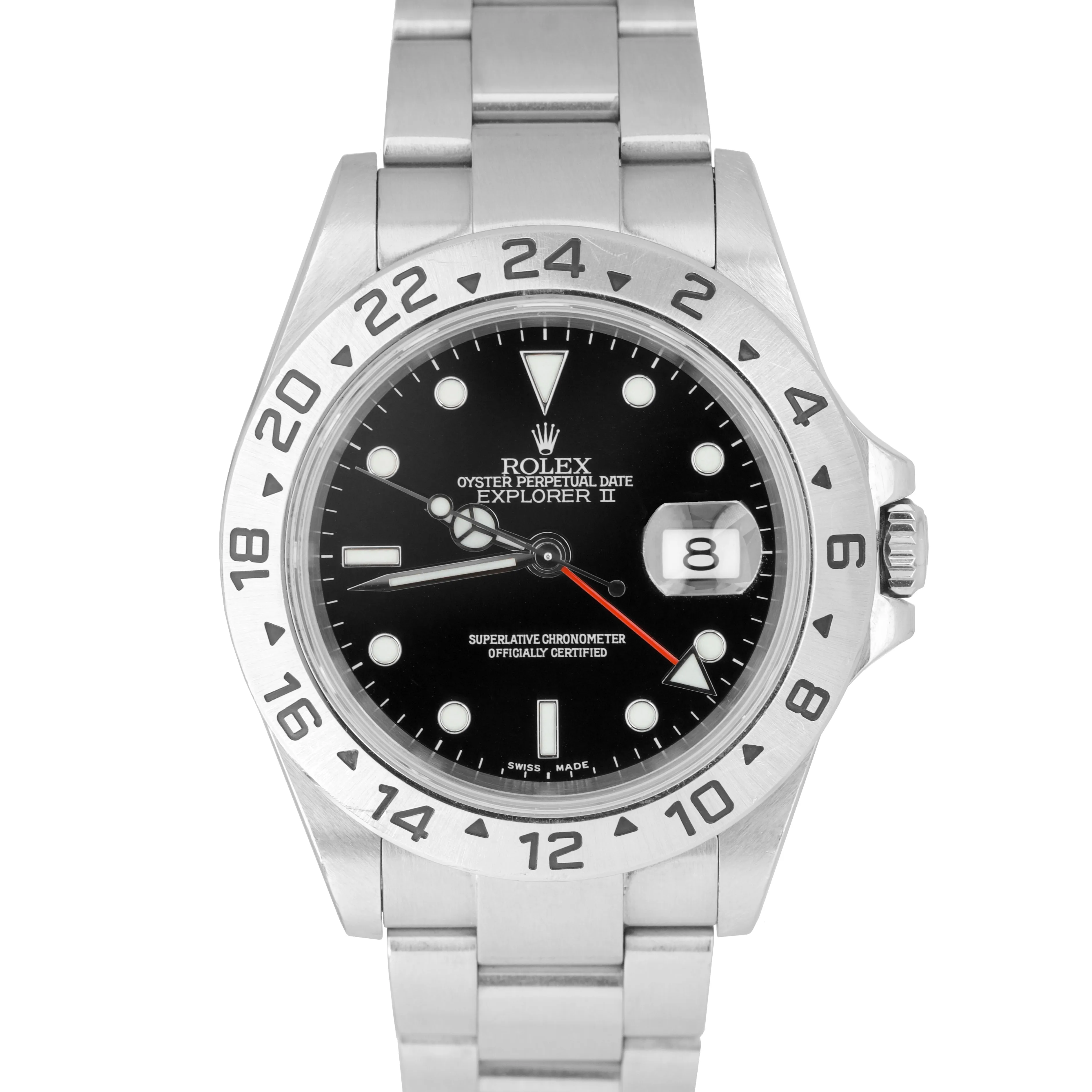2005 Rolex Explorer II NO HOLES Stainless Steel Black Date GMT 40mm Watch 16570