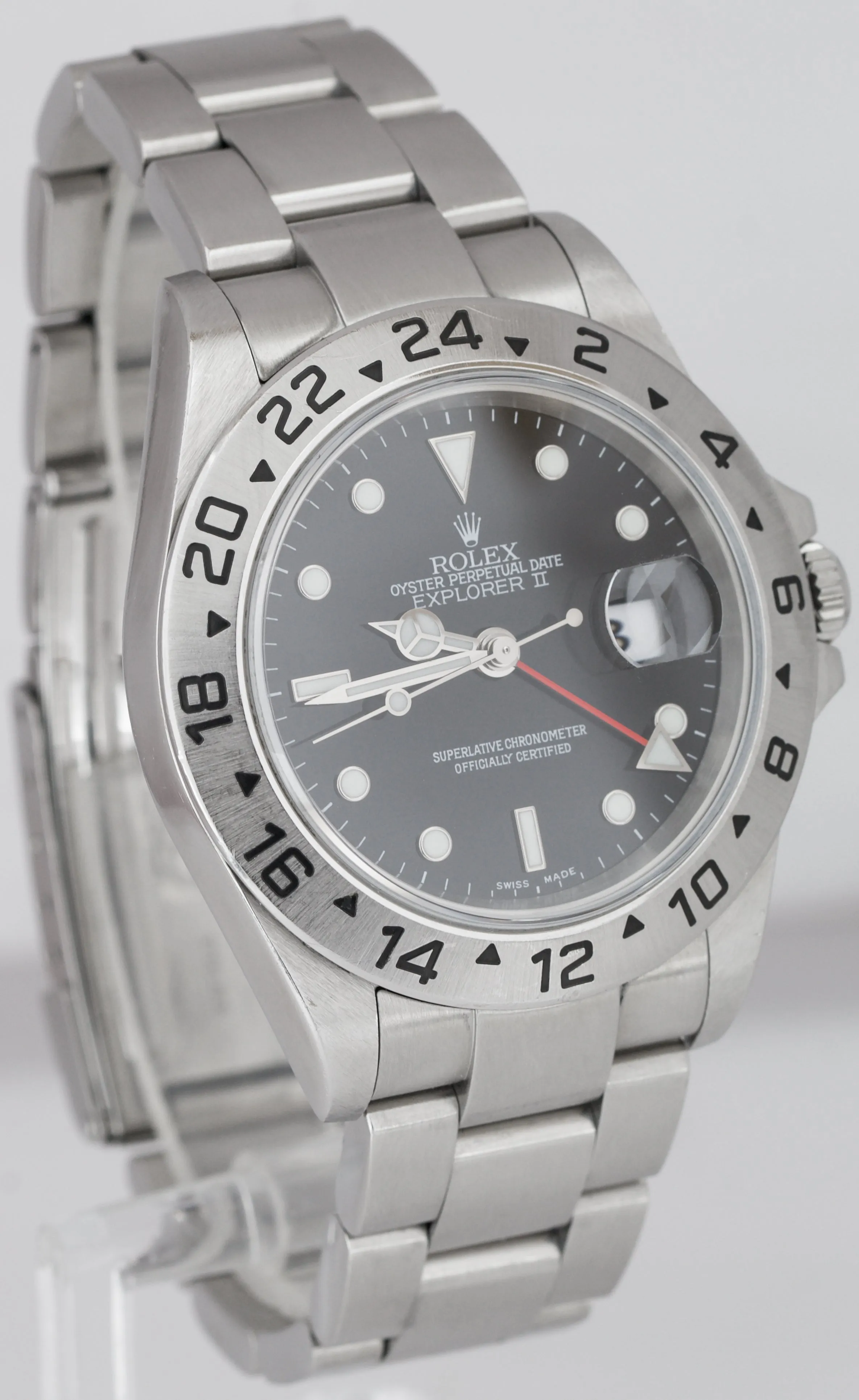 2005 Rolex Explorer II NO HOLES Stainless Steel Black Date GMT 40mm Watch 16570