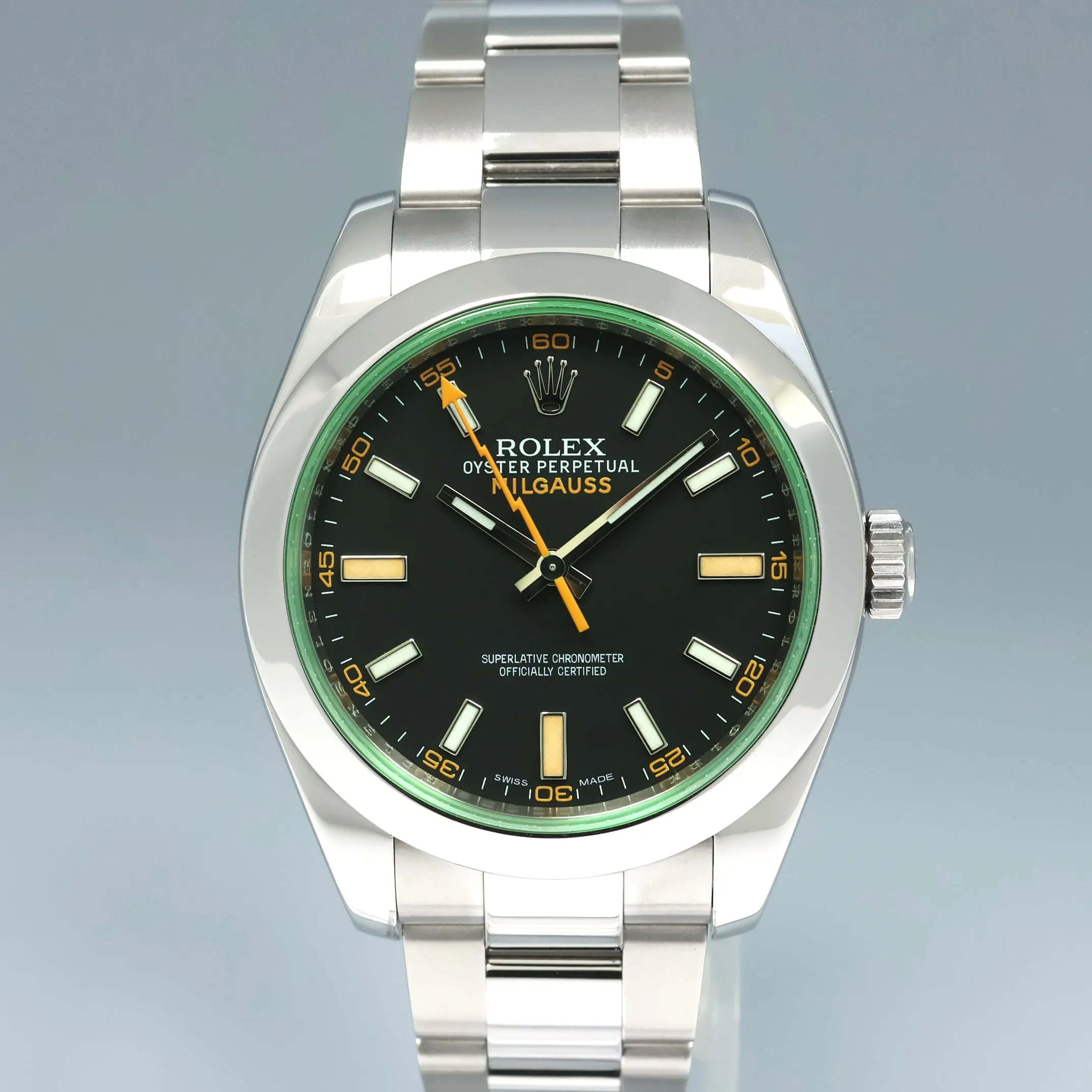 2020 MINT Rolex Milgauss Green Anniversary Orange Black 116400 GV Steel Watch Box