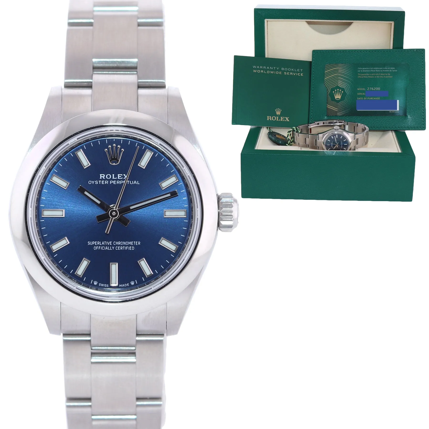 2020 PAPERS Ladies Rolex Oyster Perpetual 276200 26mm Steel Blue Watch Box