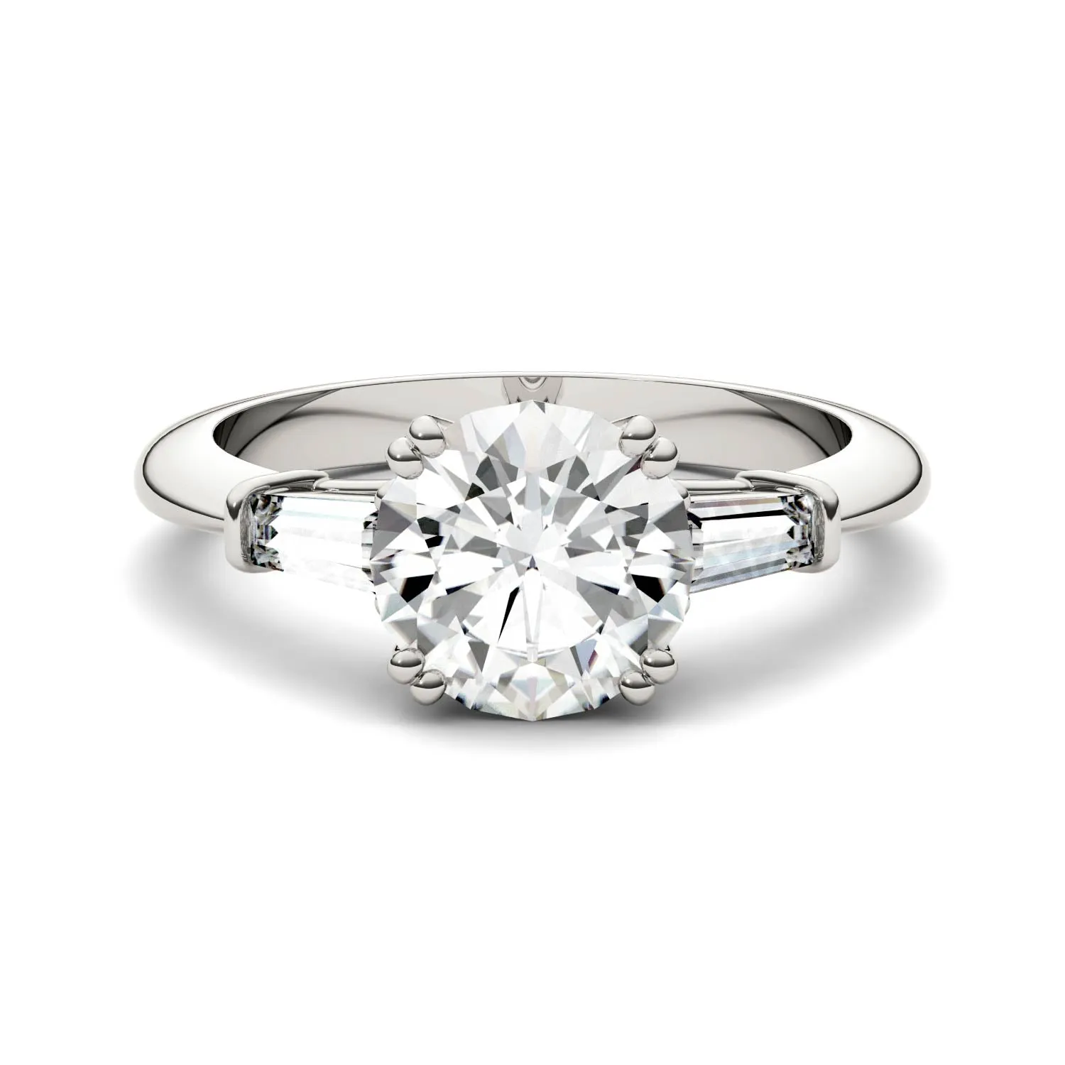 2.27 CTW DEW Round Moissanite Three Stone Ring in 14K White Gold