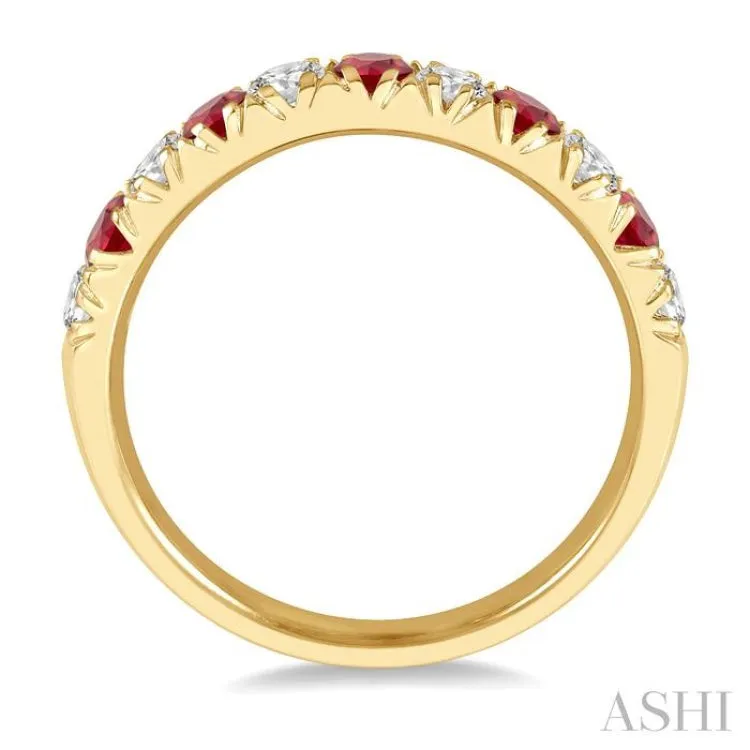 2.6 MM Ruby and 3/8 ctw Round Cut Diamond Precious Wedding Band in 14K Yellow Gold