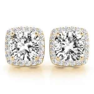 2.83 ct wt Halo Cushion Cut 14k Yellow Gold Basket Moissanite Stud Earrings
