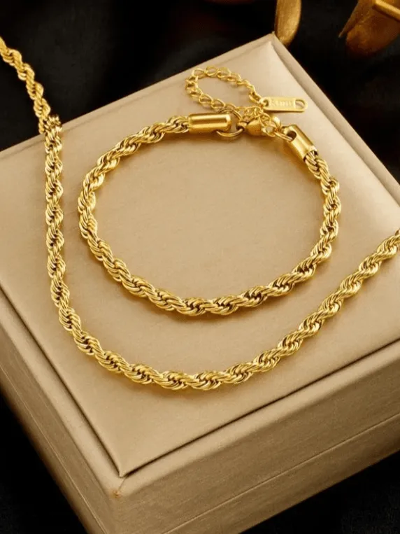 2pcs Stainless Steel Gold Color Chain Necklace Bracelets For Women Girl Fashion Non-Fading Lady Jewelry Set Accessories