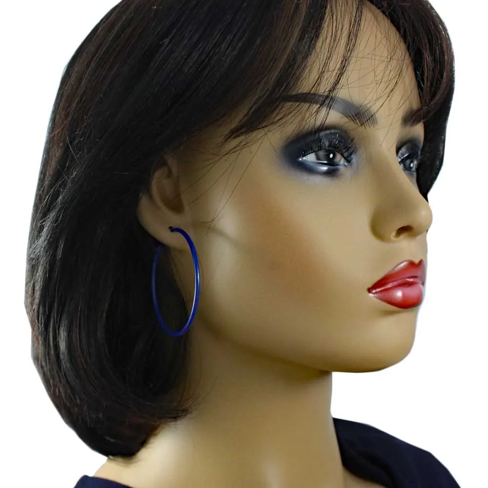 2" Medium Sized Blue Enamel Skinny Hoop Pierced Earring - FE220BL