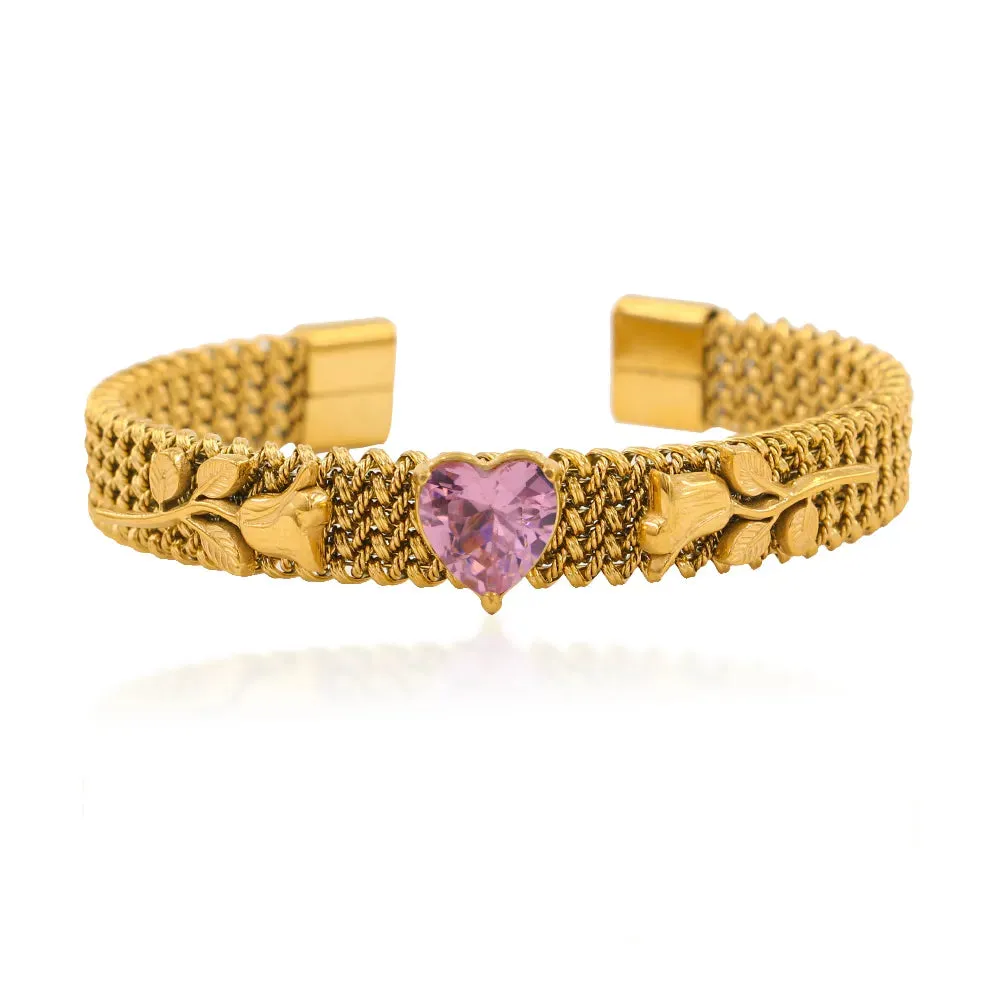 304 Stainless Steel 18K Gold Plated Simple Style Classic Style Plating Inlay Heart Shape Zircon Bangle