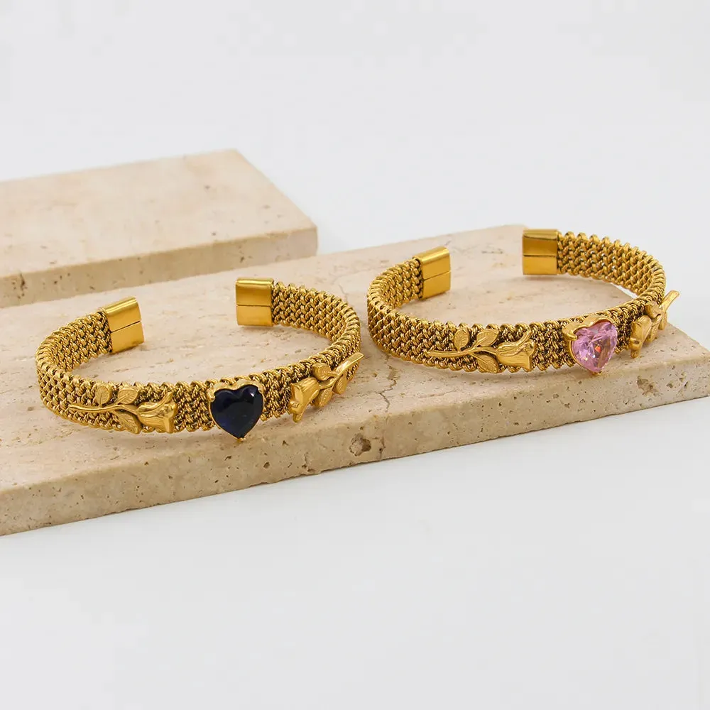 304 Stainless Steel 18K Gold Plated Simple Style Classic Style Plating Inlay Heart Shape Zircon Bangle