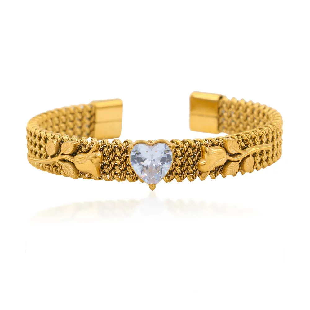 304 Stainless Steel 18K Gold Plated Simple Style Classic Style Plating Inlay Heart Shape Zircon Bangle