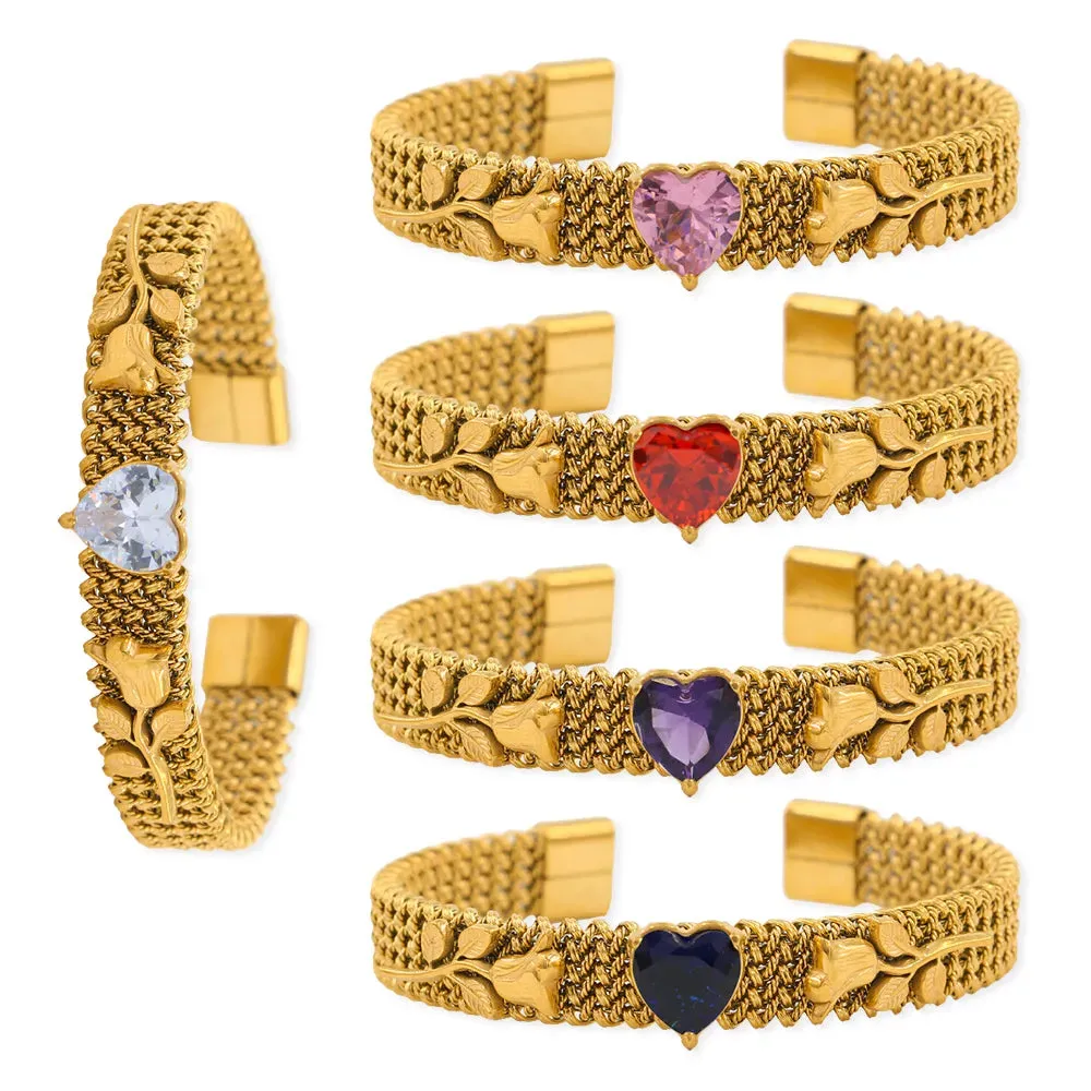 304 Stainless Steel 18K Gold Plated Simple Style Classic Style Plating Inlay Heart Shape Zircon Bangle