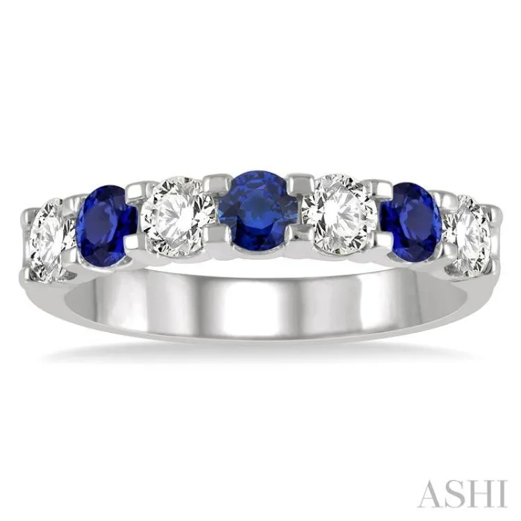 3.3 MM Sapphire and 1/2 ctw Round Cut Diamond Precious Wedding Band in 14K White Gold