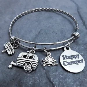 4 Braided Stainless Steel "Happy Camper" Charm Bracelets