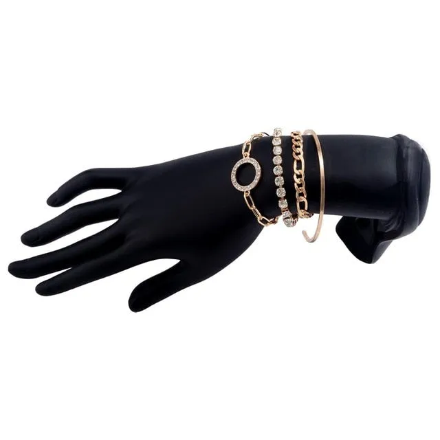 4pcs Women Bracelets Luxury Rhinestone Gold Color Geometric Round Bracelet Set Miami Boho Bracelets Bangles Boho Beach Jewelry