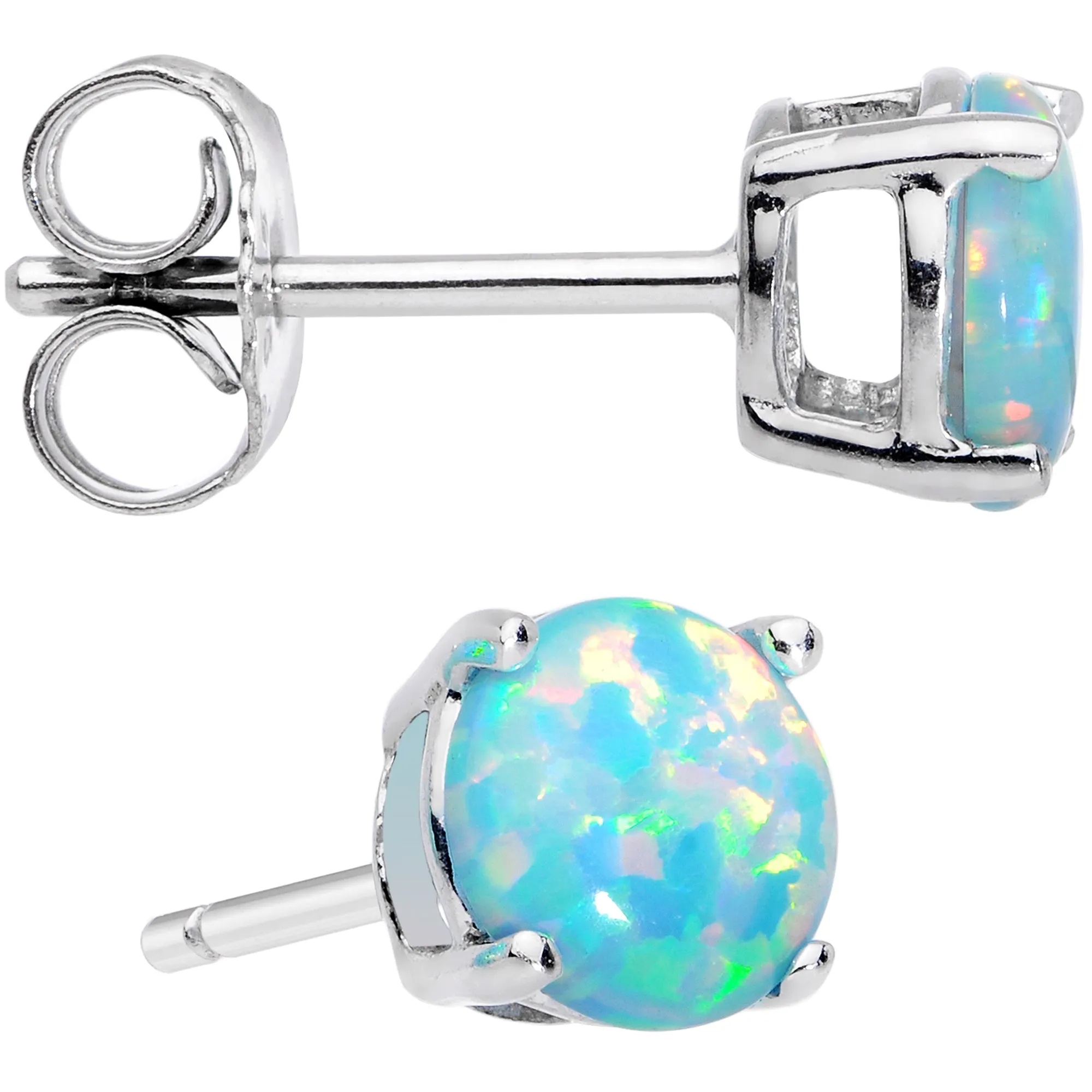 6mm Teal Round Sterling Silver Synthetic Opal Stud Earrings