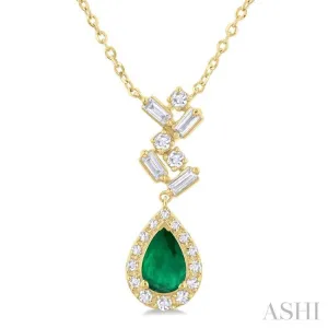 6x4 MM Pear Cut Emerald and 1/5 ctw Scatter Baguette & Single Cut Halo Diamond Precious Pendant With Chain in 10K Yellow Gold
