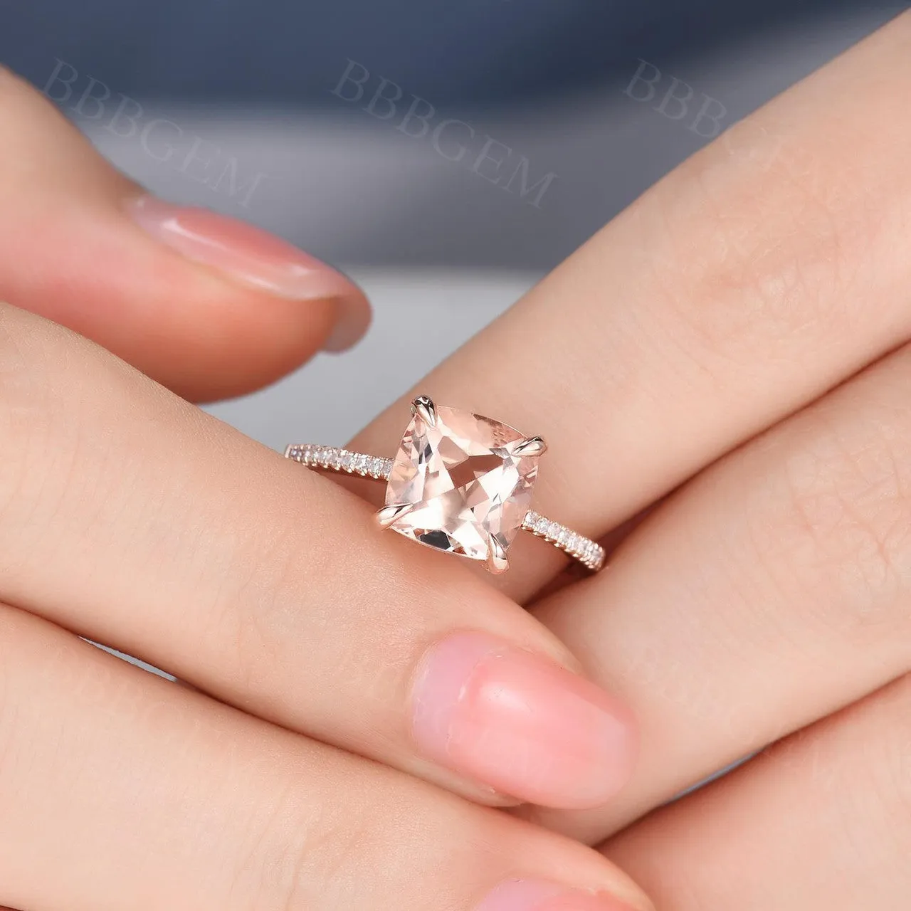 8mm Cushion Morganite Engagement Ring Diamond Wedding Ring 14k Rose Gold Claw Prongs Curved Basket Under