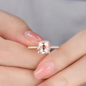 8mm Cushion Morganite Engagement Ring Diamond Wedding Ring 14k Rose Gold Claw Prongs Curved Basket Under